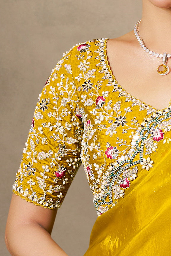 Soft Yellow Embellished Satin Silk Saree