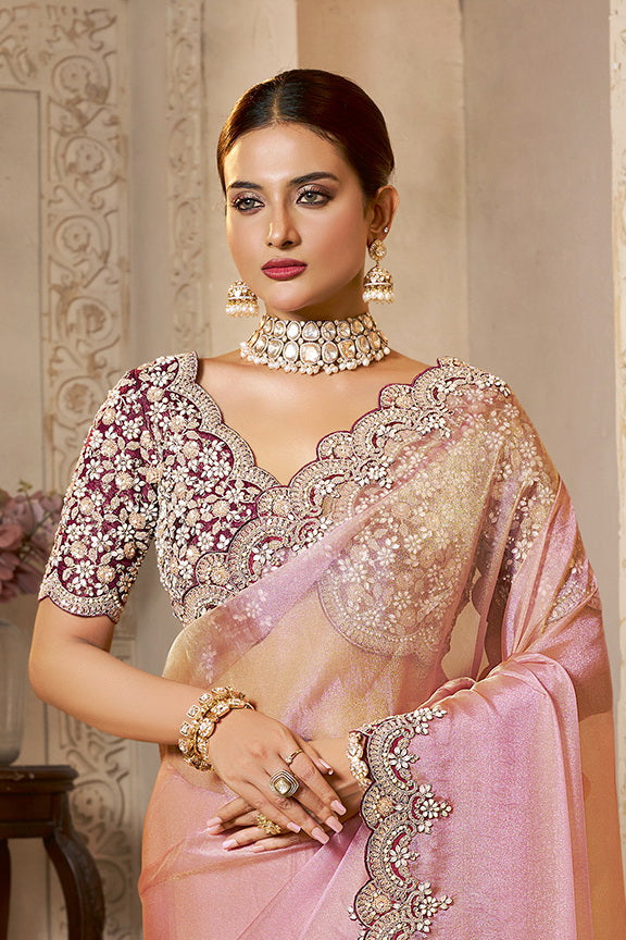 Dusty Rose Embellished Organza Silk Saree