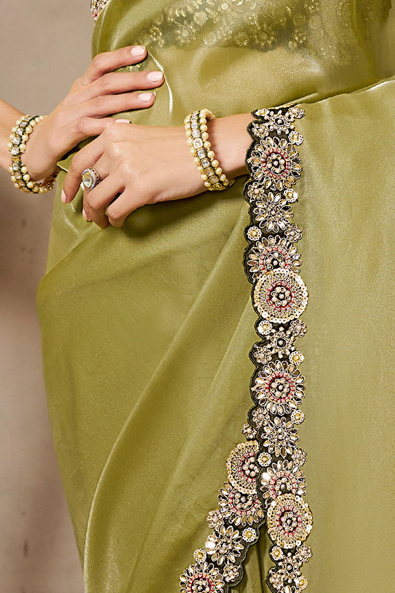 Mehendi Green Embellished Organza Satin Saree