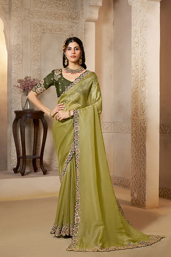 Mehendi Green Embellished Organza Satin Saree