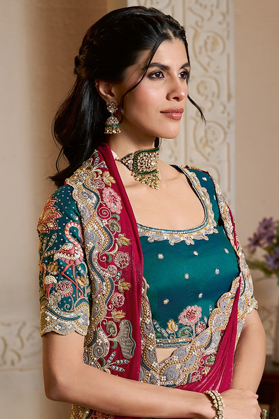 Raspberry Embellished Satin Silk Saree