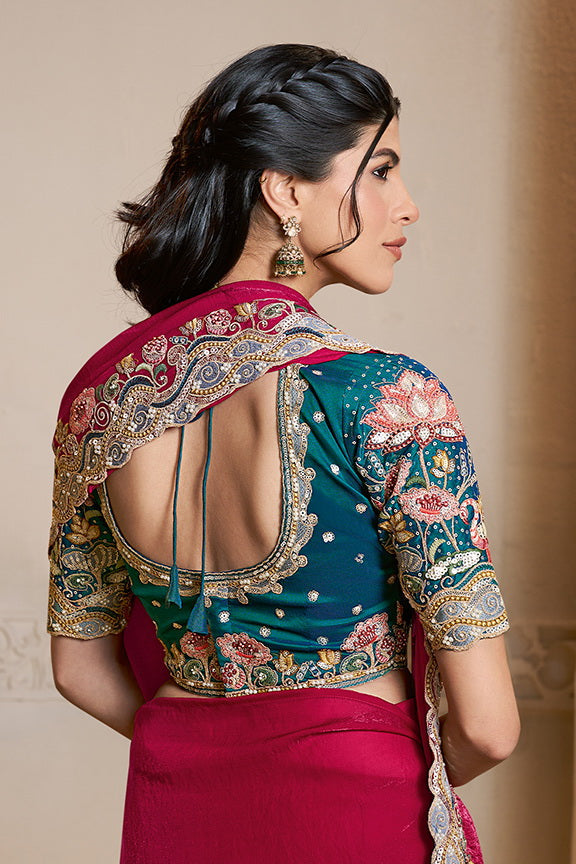 Raspberry Embellished Satin Silk Saree