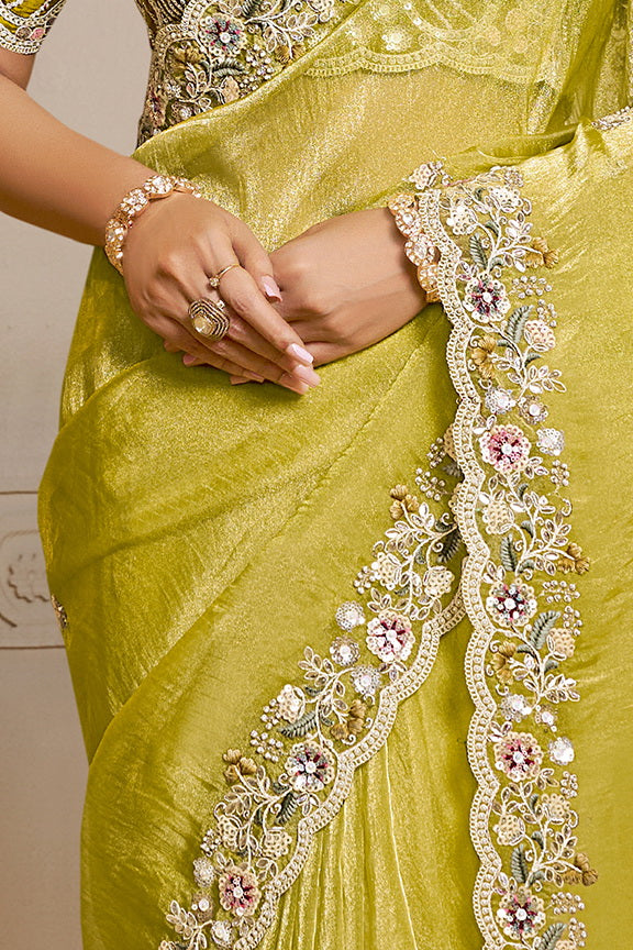 Light Yellow Embellished Organza Silk Saree