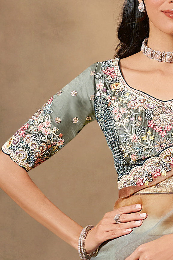 Shaded Grey Embellished Organza Satin Saree