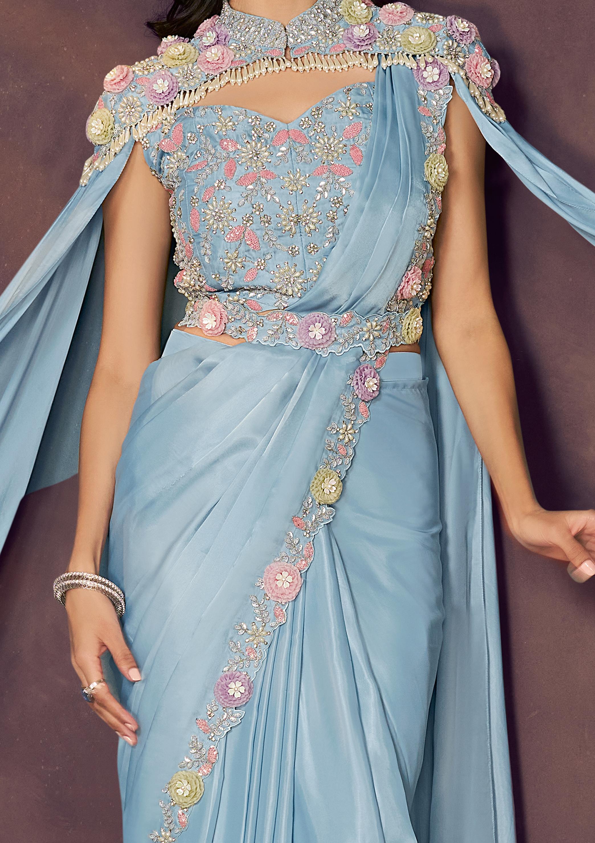 Sky Blue Embellished Satin Silk Draped Saree