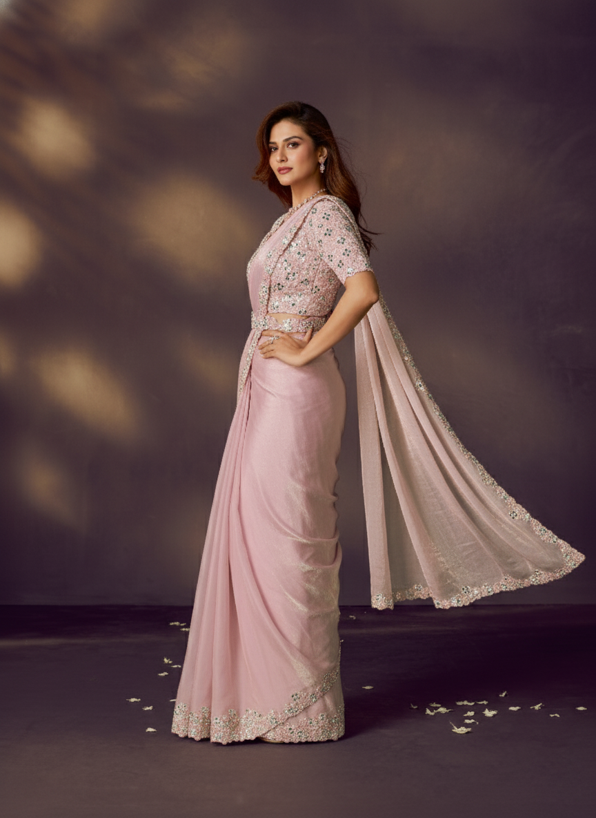 Blush Pink Embellished Satin Silk Draped Saree