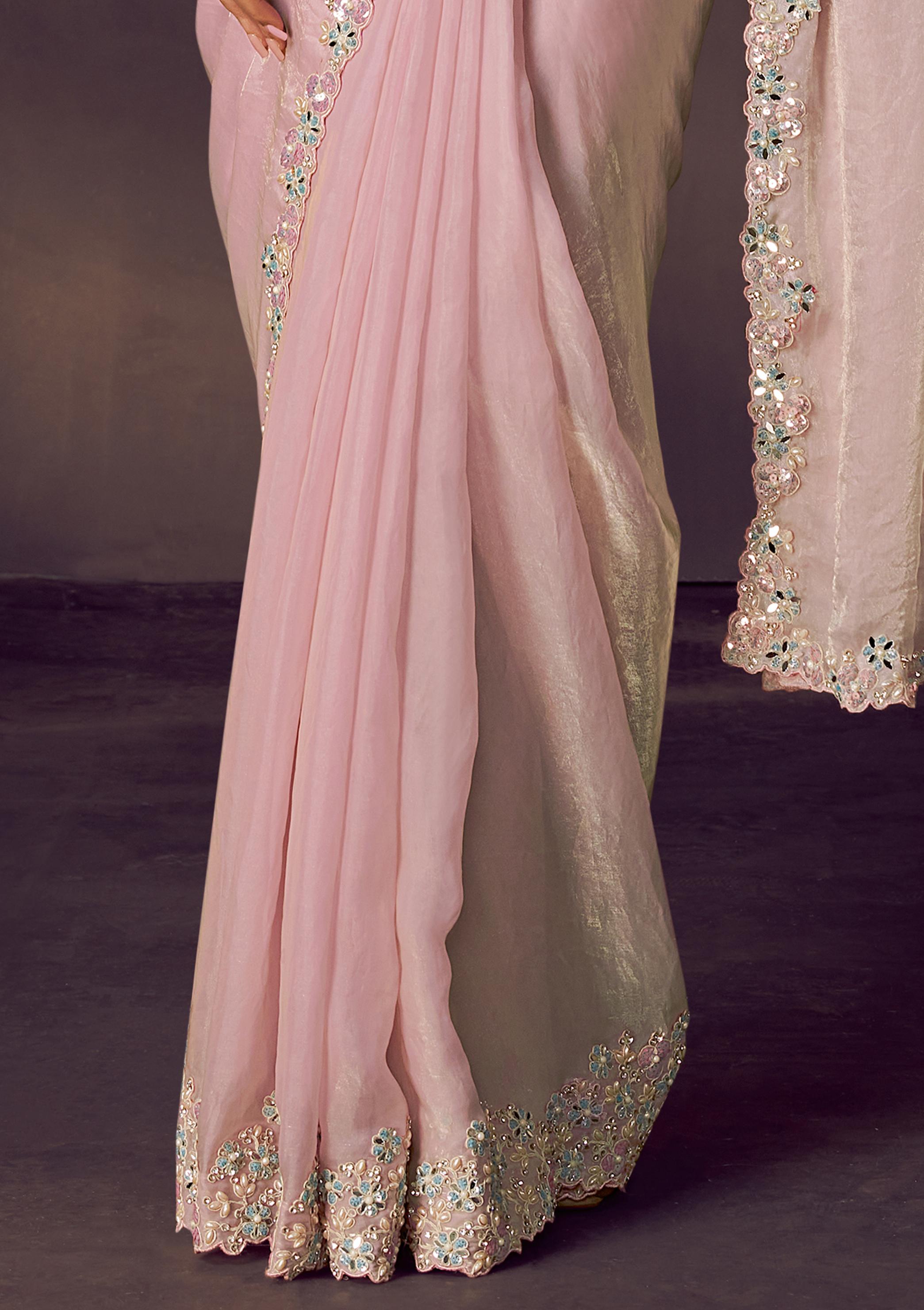 Blush Pink Embellished Satin Silk Draped Saree