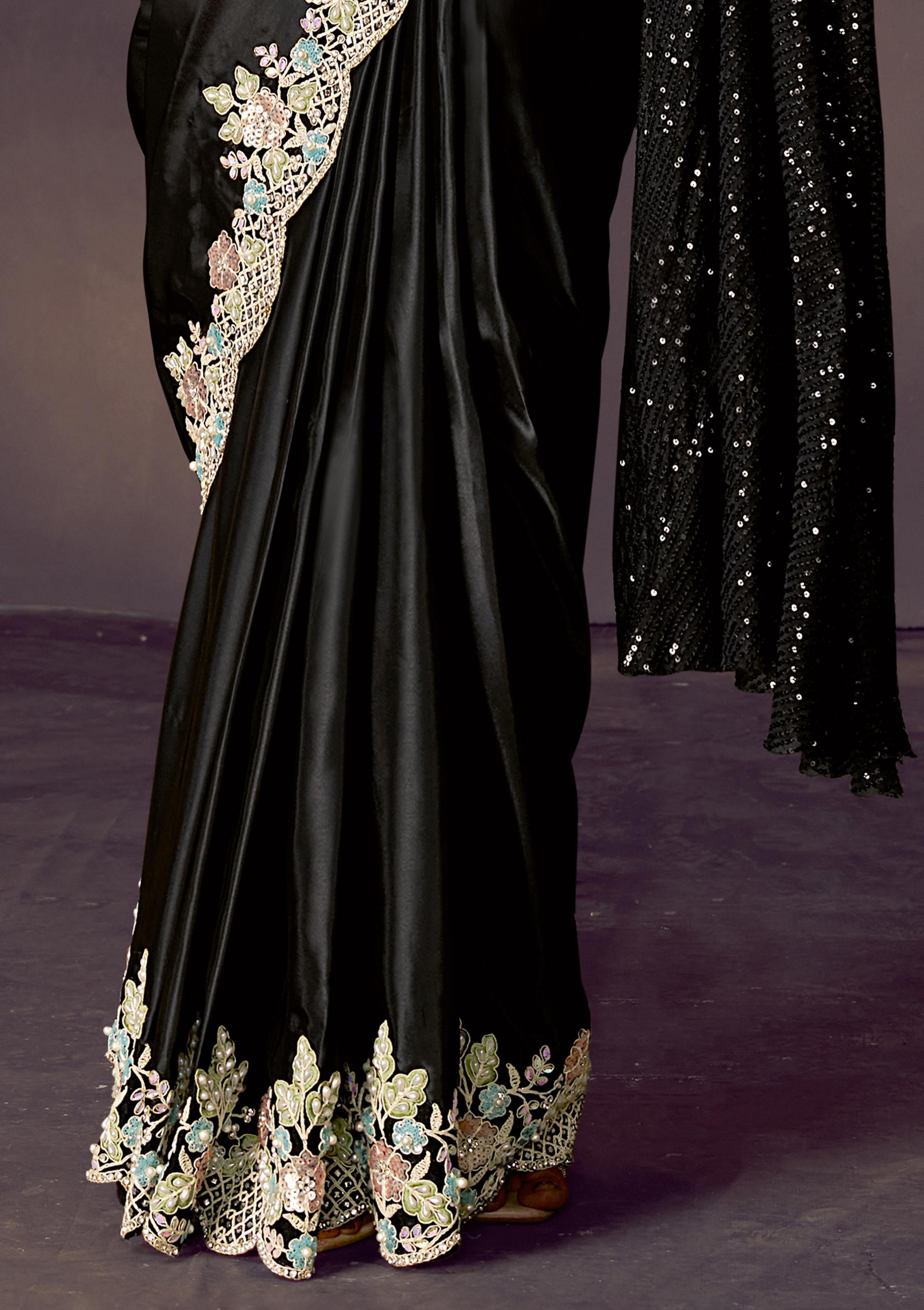 Ink Black Embellished Satin Silk Draped Saree