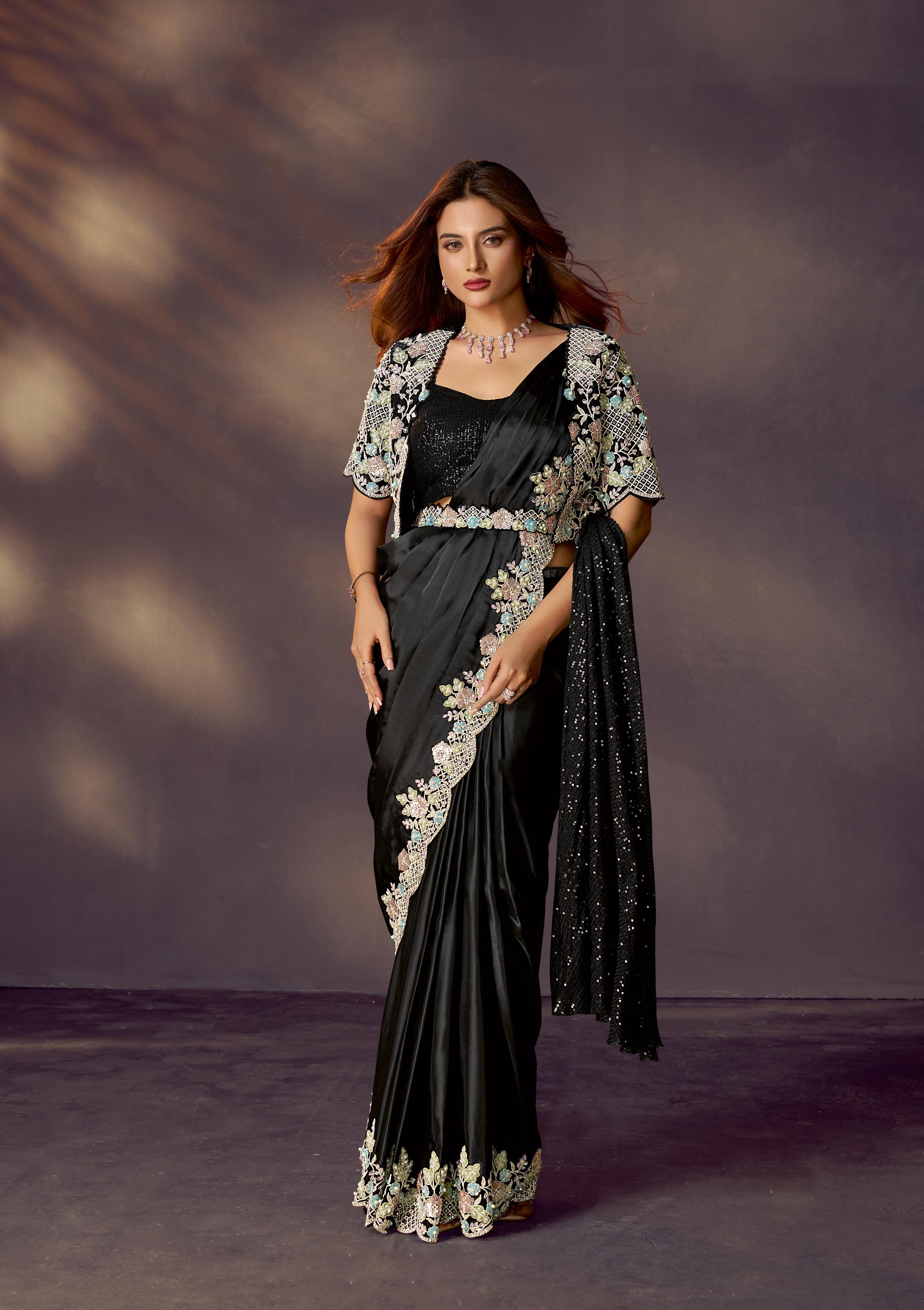 Ink Black Embellished Satin Silk Draped Saree