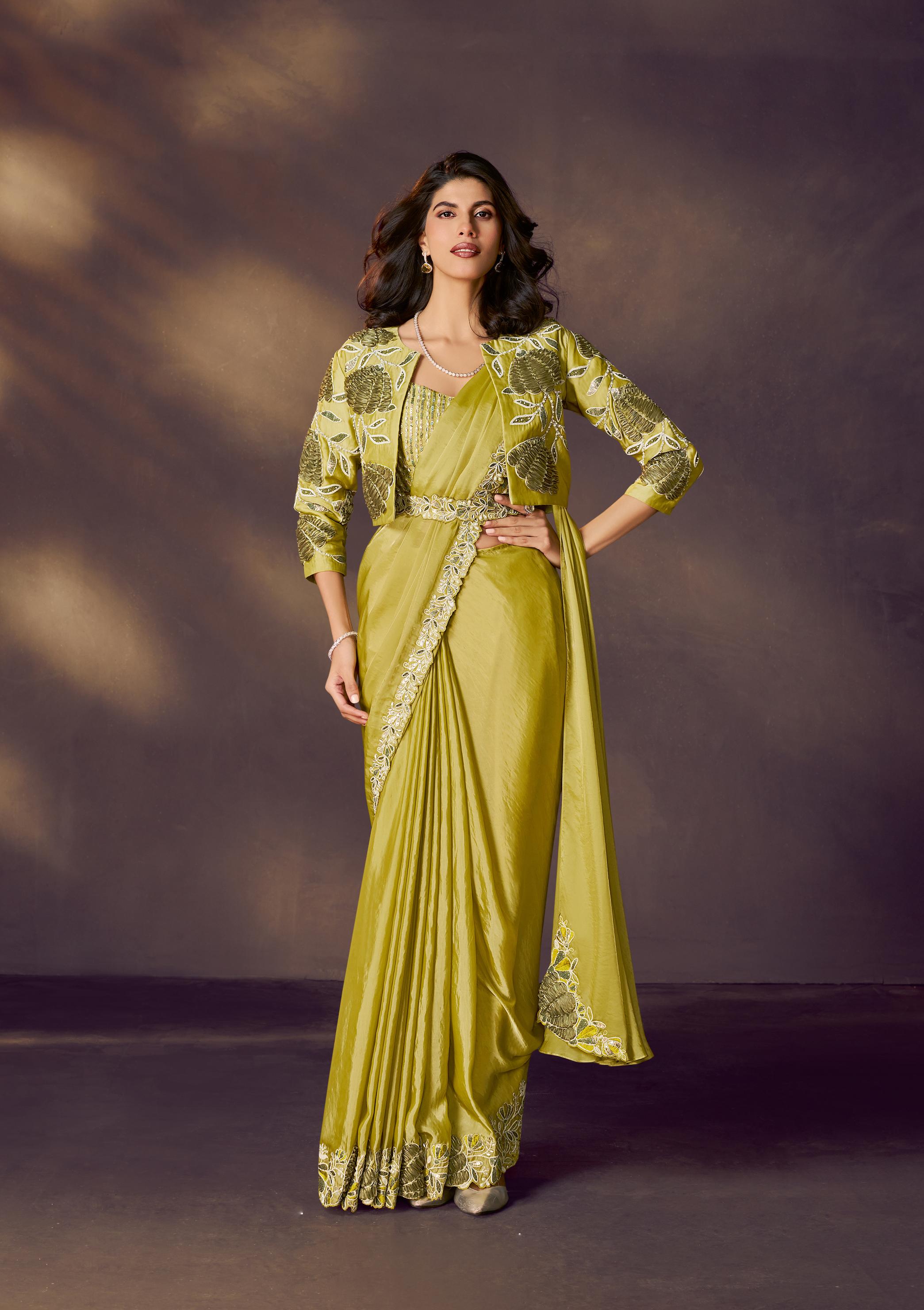 Lime Green Embellished Satin Silk Draped Saree