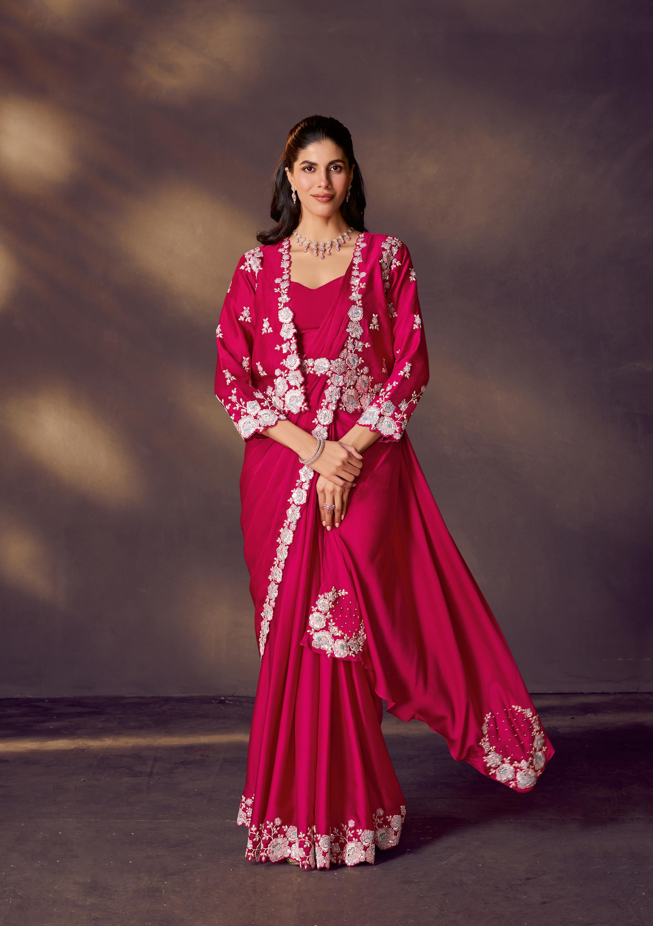 Rani Pink Embellished Satin Silk Draped Saree