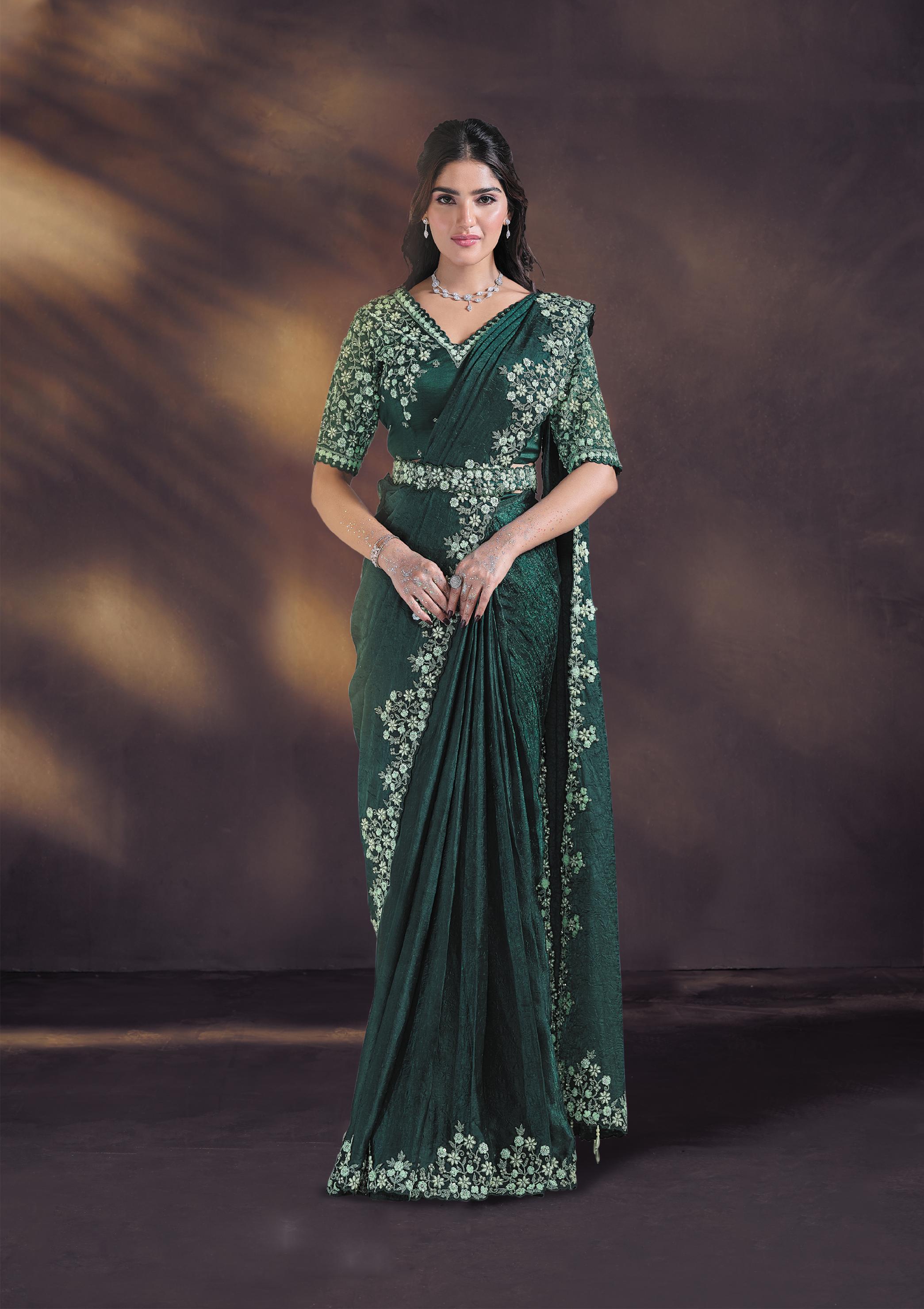 Forest Green Embellished Satin Silk Draped Saree