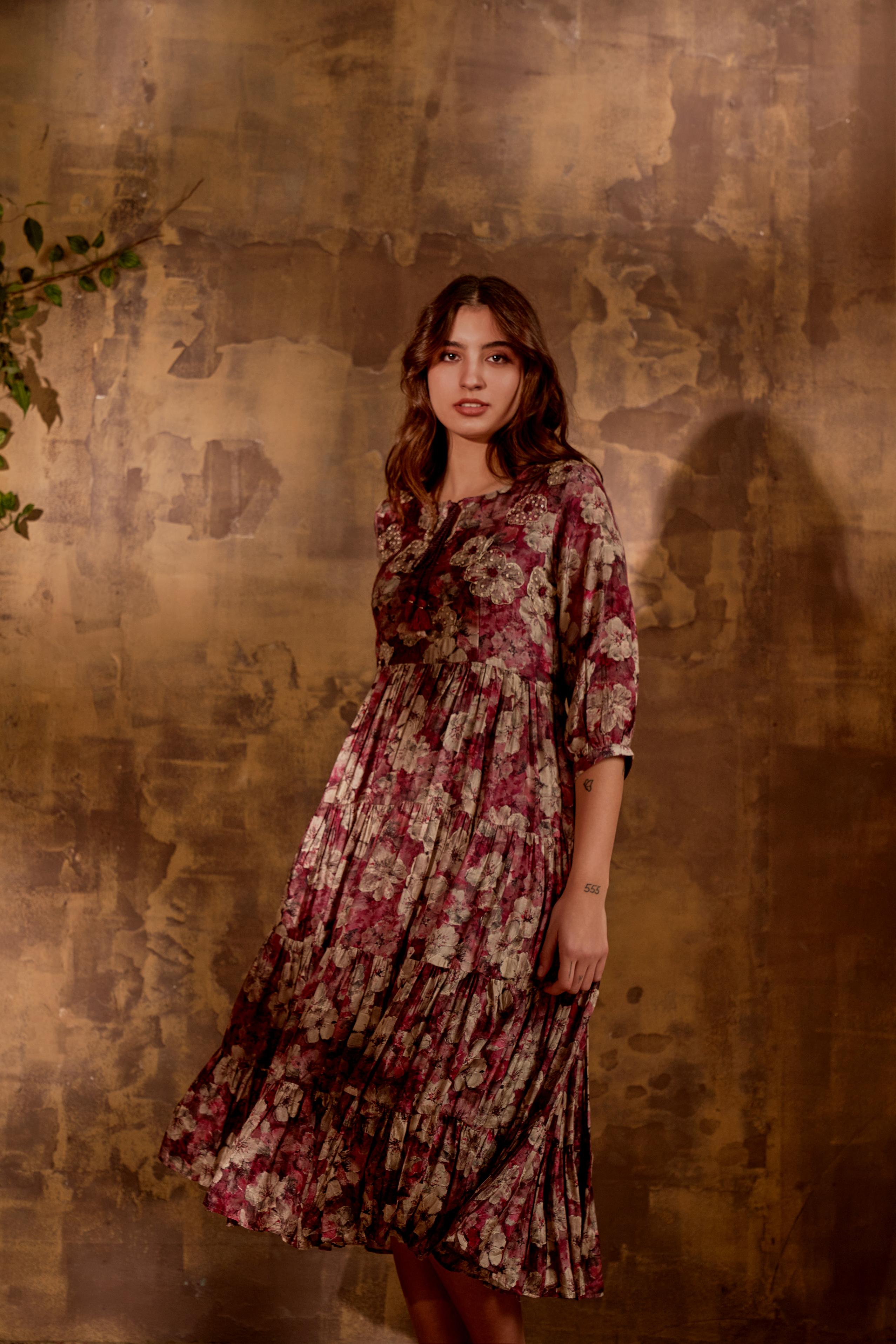 Wine Floral Printed Crepe Silk Tunic Dress