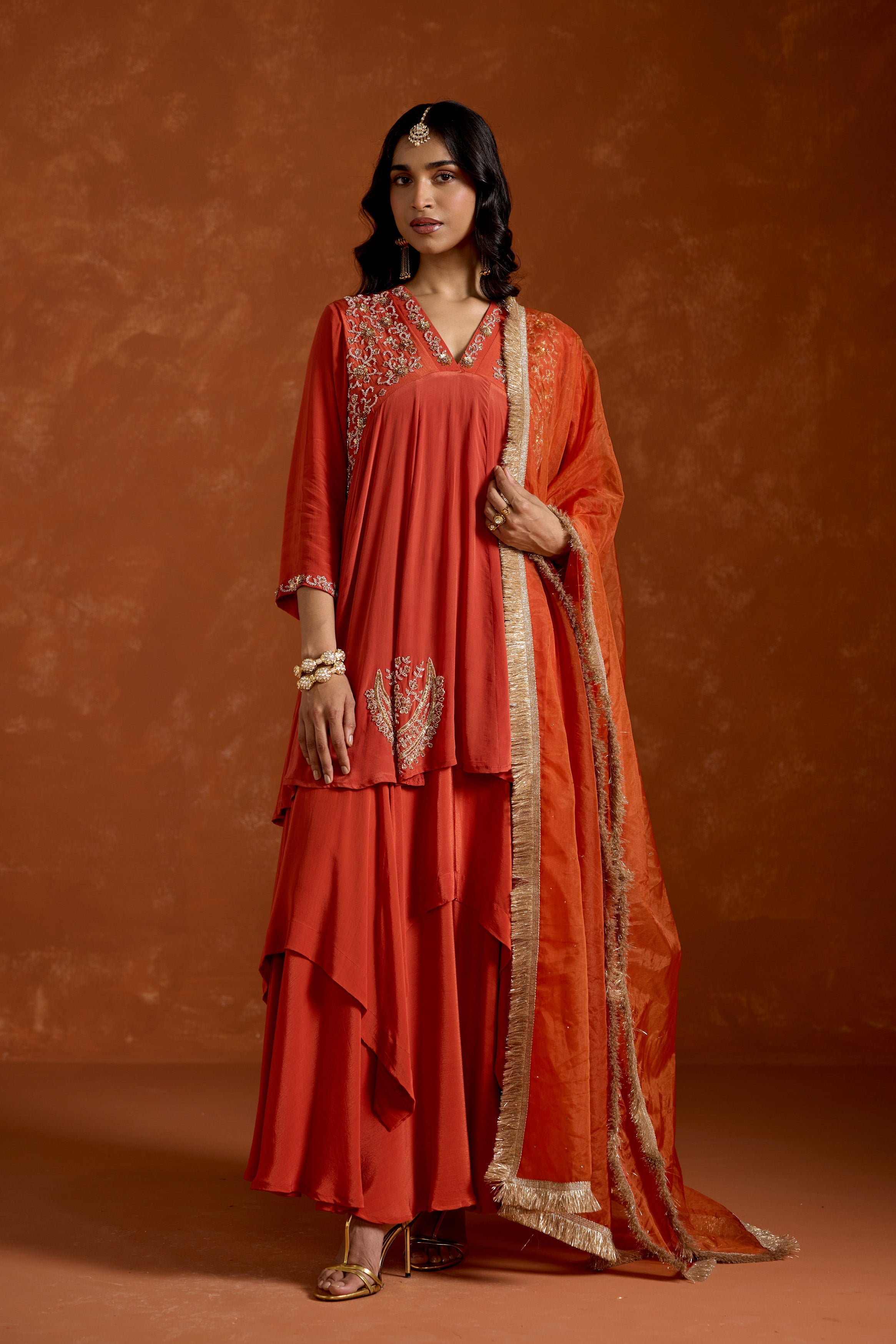 Coral Orange Embellished Chinon Silk Anarkali Set