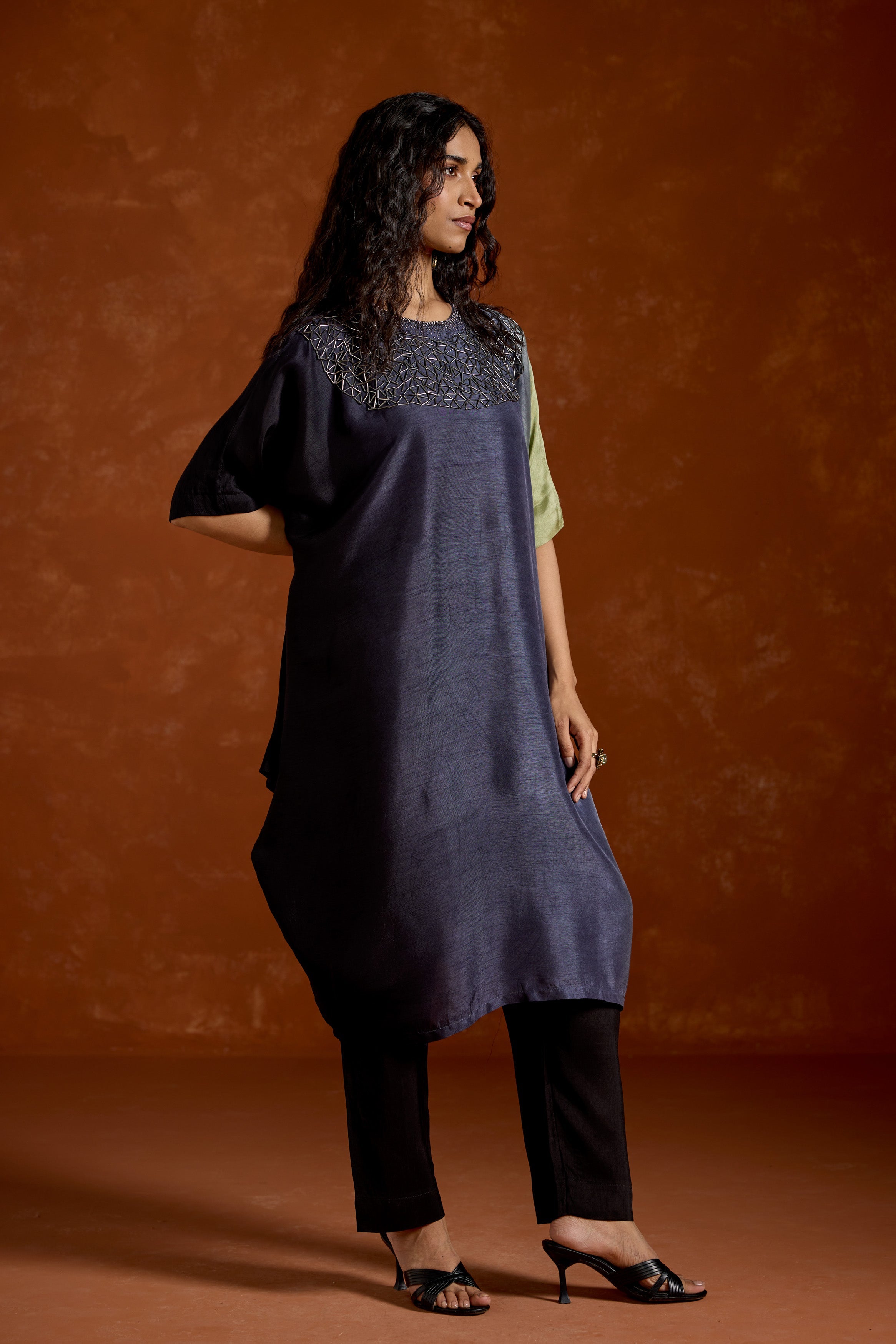 Navy Blue Embellished Raw Silk Kaftan Set