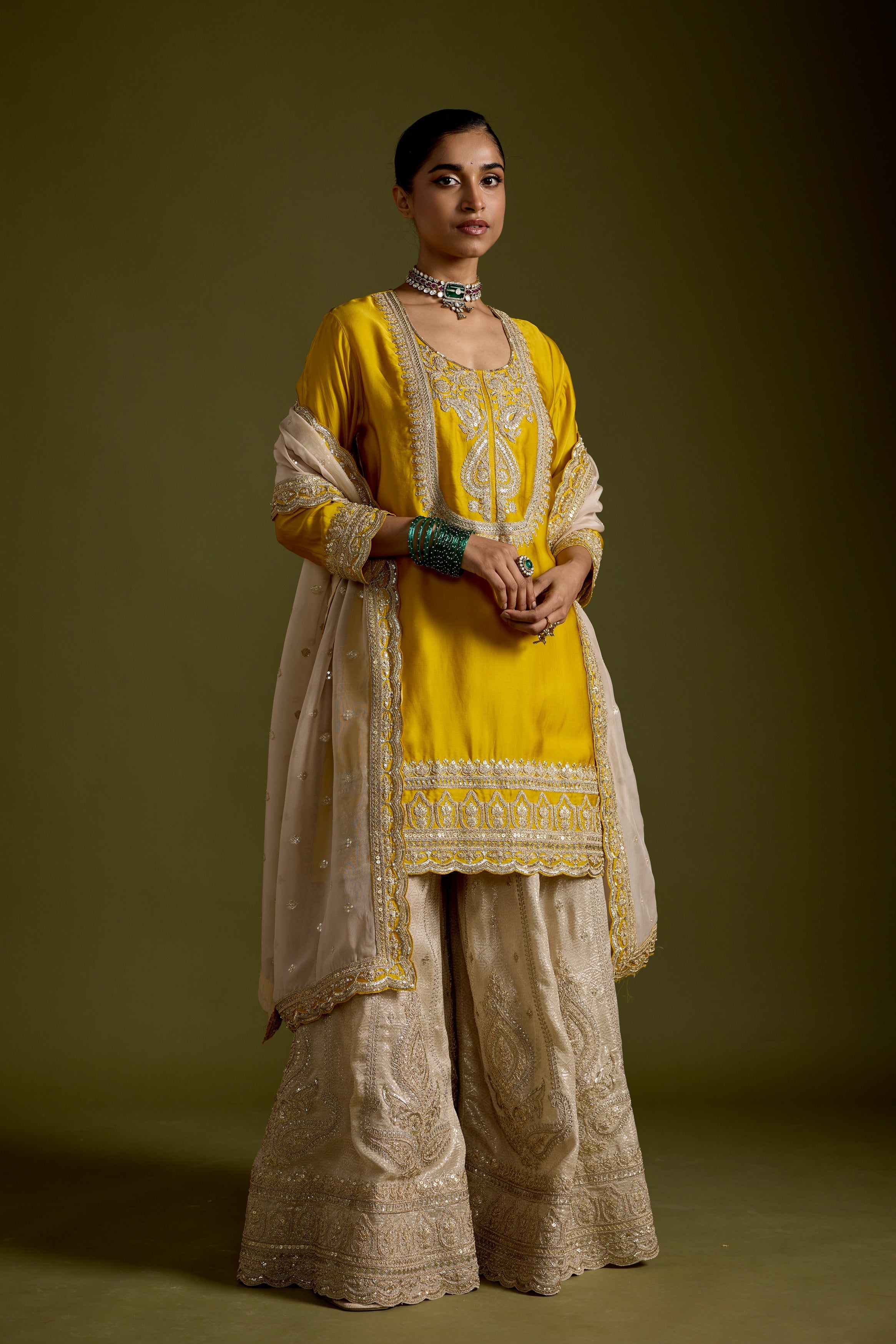 Yellow Embellished Satin Silk Sharara Set