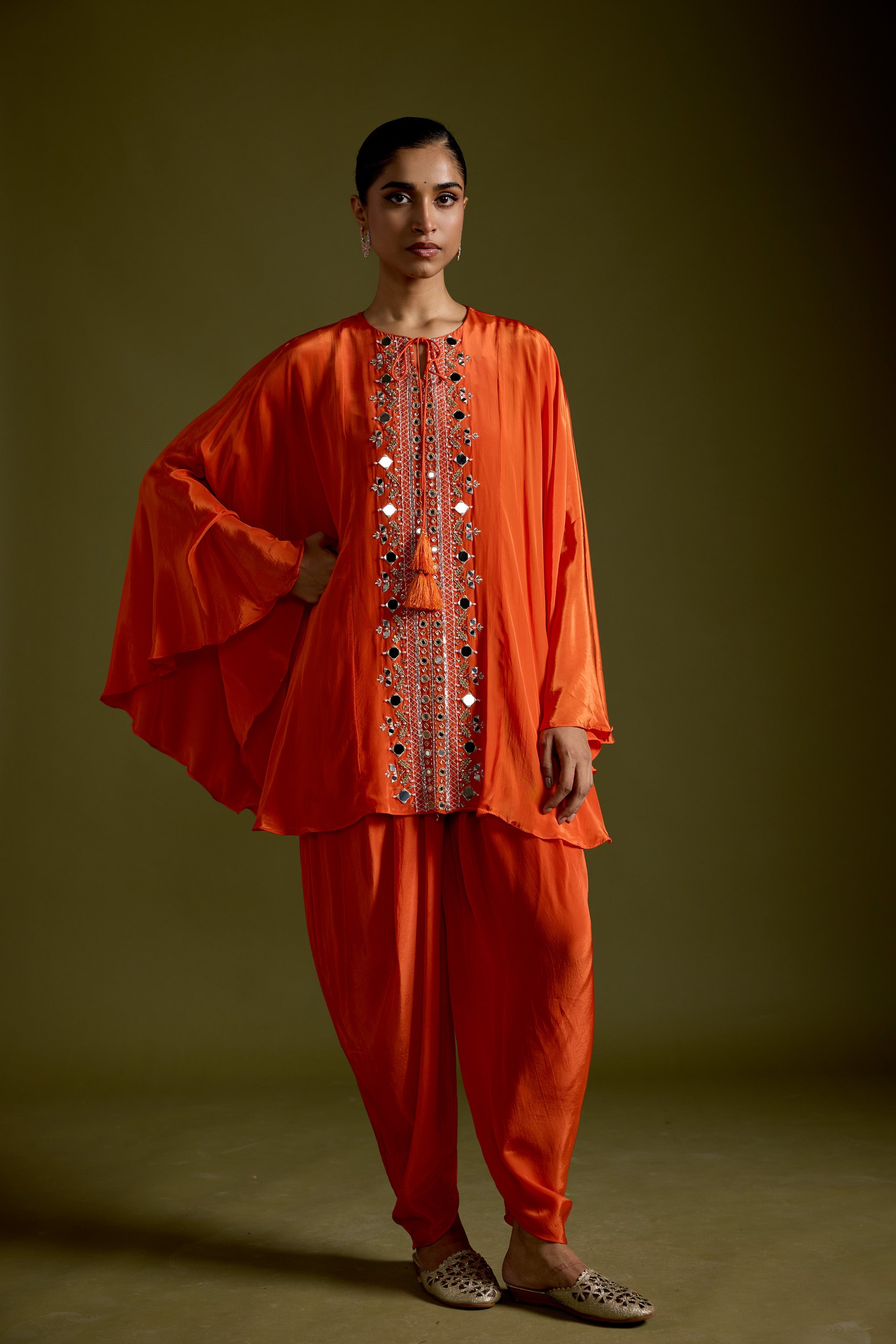 Tangerine Orange Embellished Satin Silk Dhoti Set