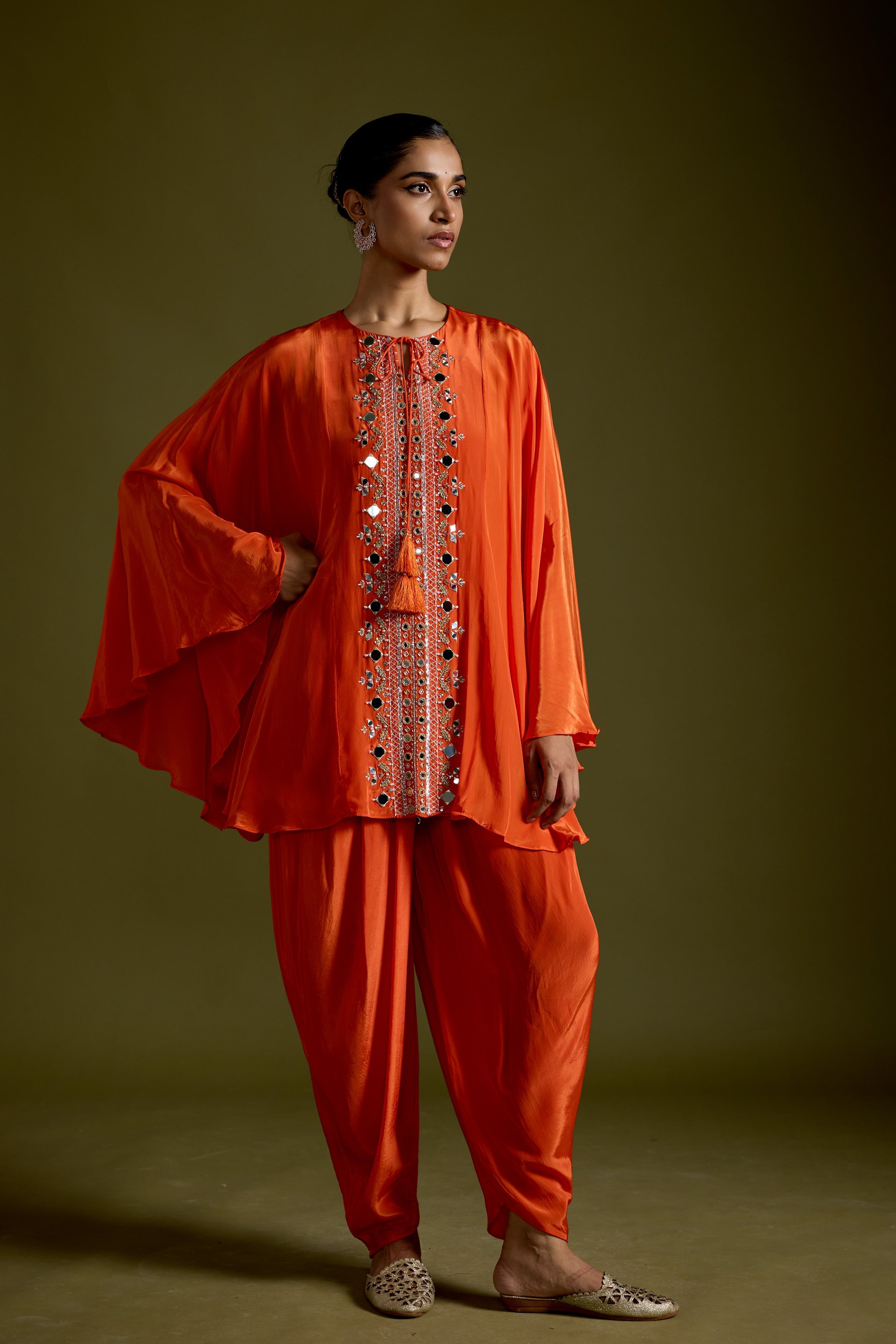Tangerine Orange Embellished Satin Silk Dhoti Set