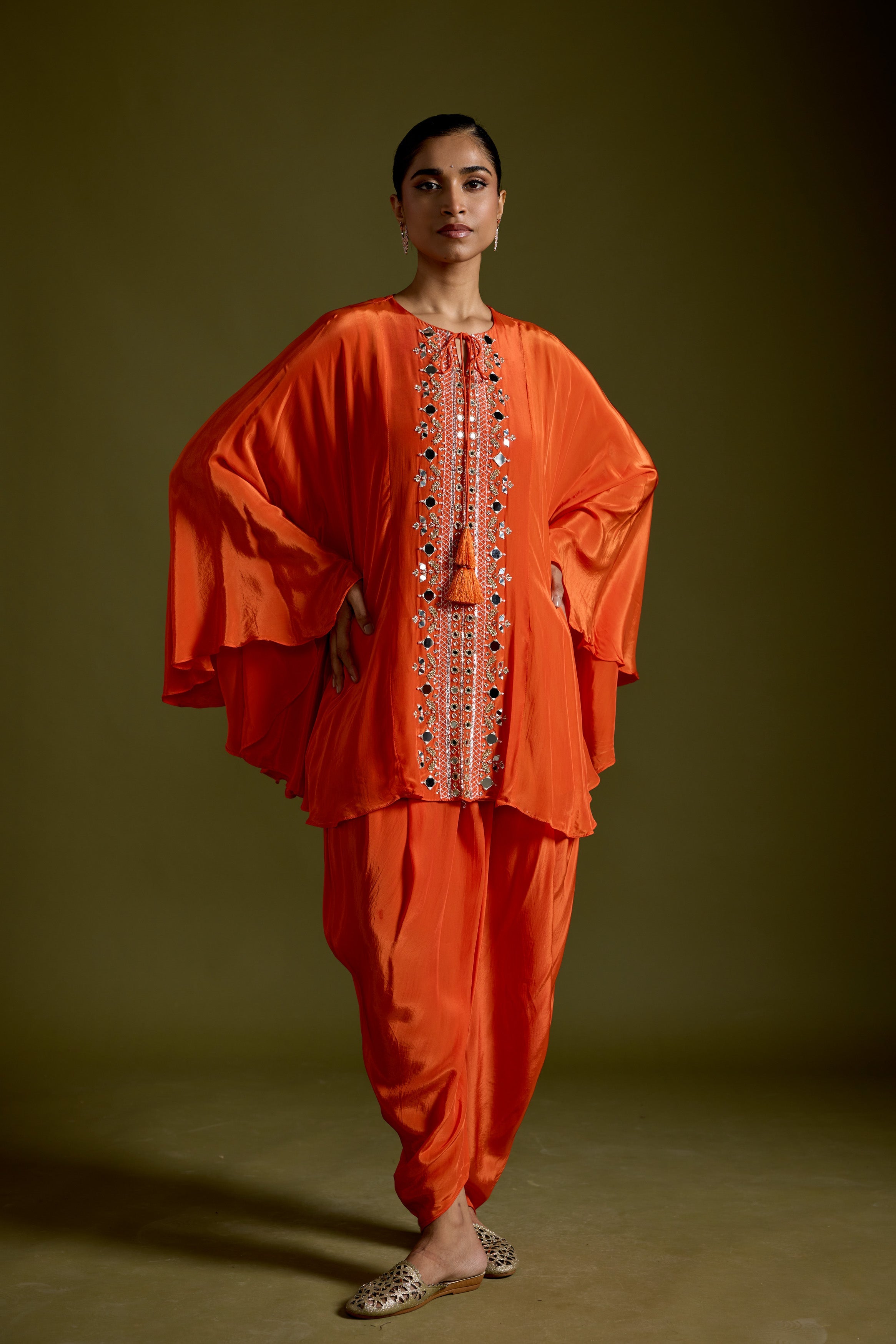 Tangerine Orange Embellished Satin Silk Dhoti Set