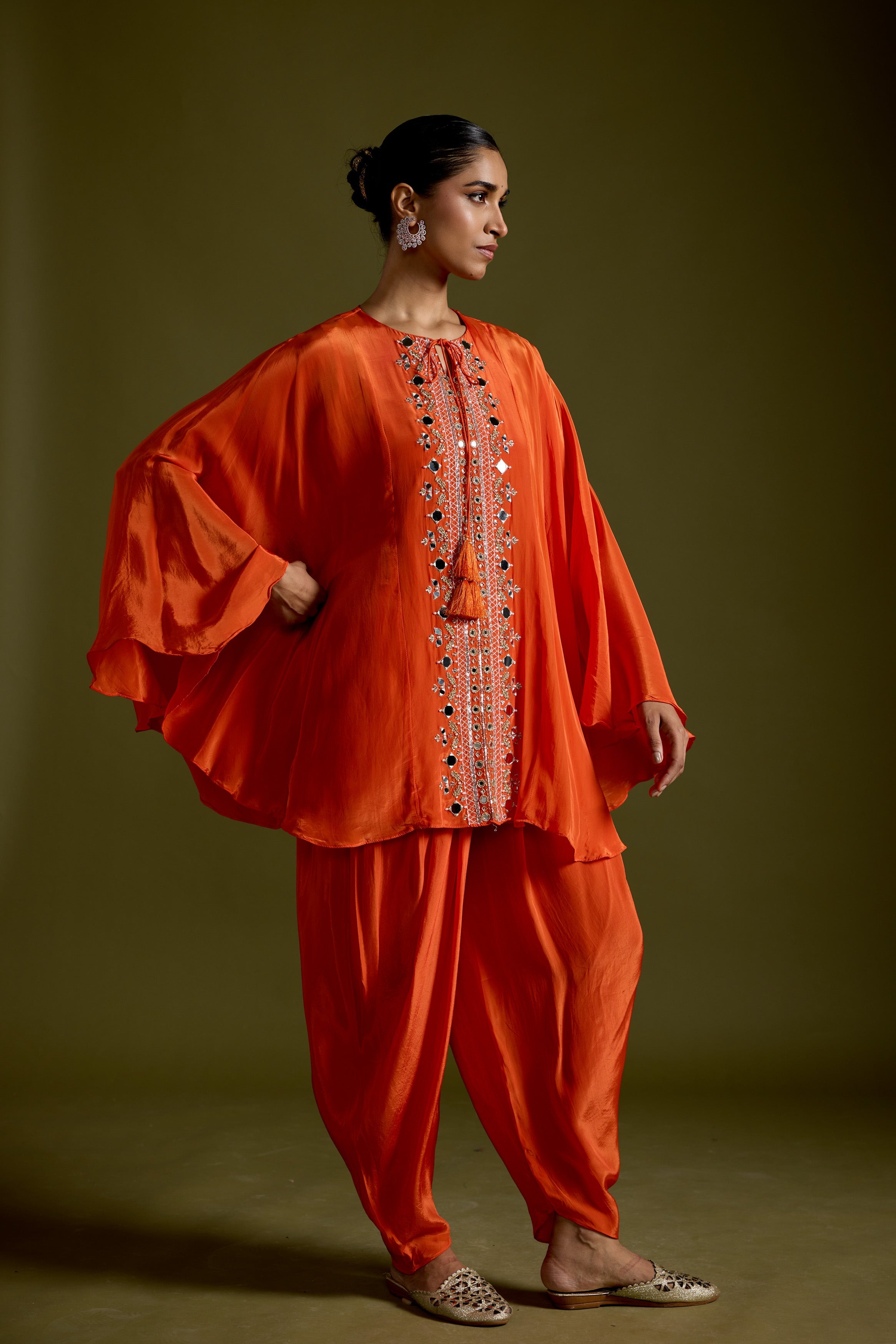 Tangerine Orange Embellished Satin Silk Dhoti Set