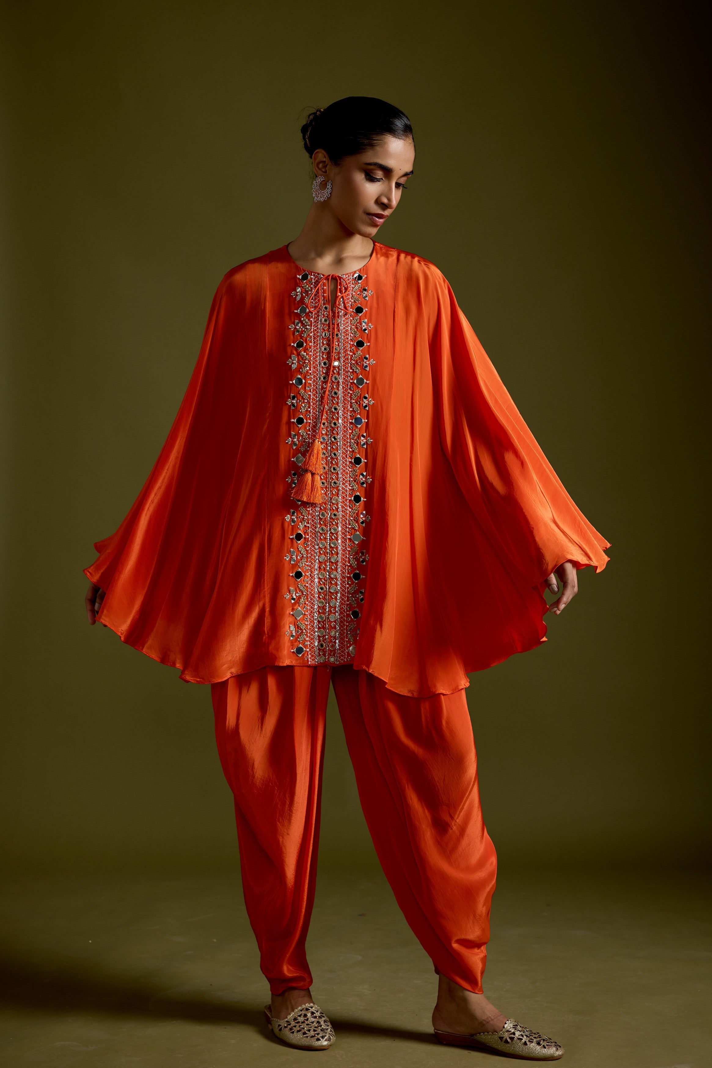 Tangerine Orange Embellished Satin Silk Dhoti Set