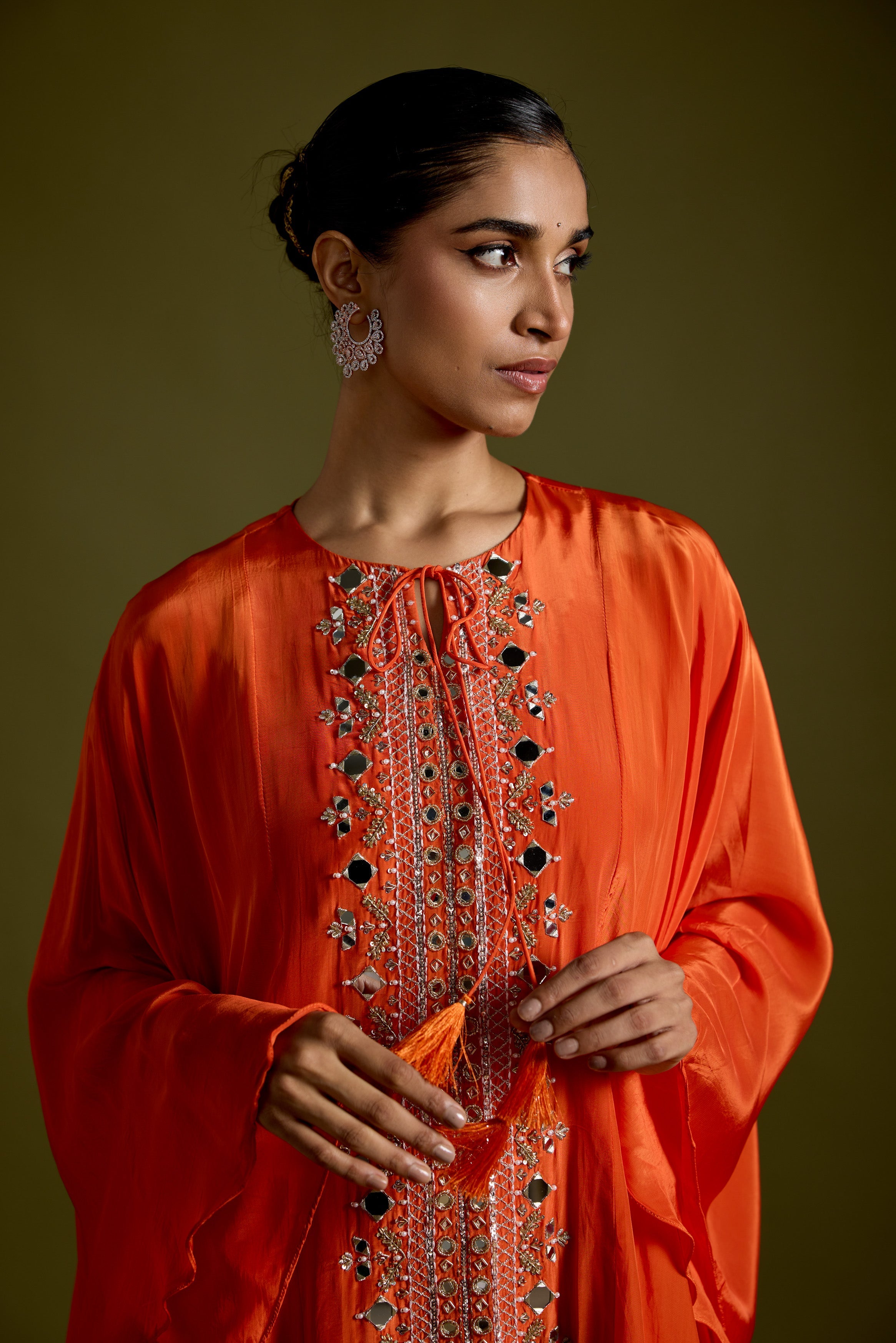 Tangerine Orange Embellished Satin Silk Dhoti Set
