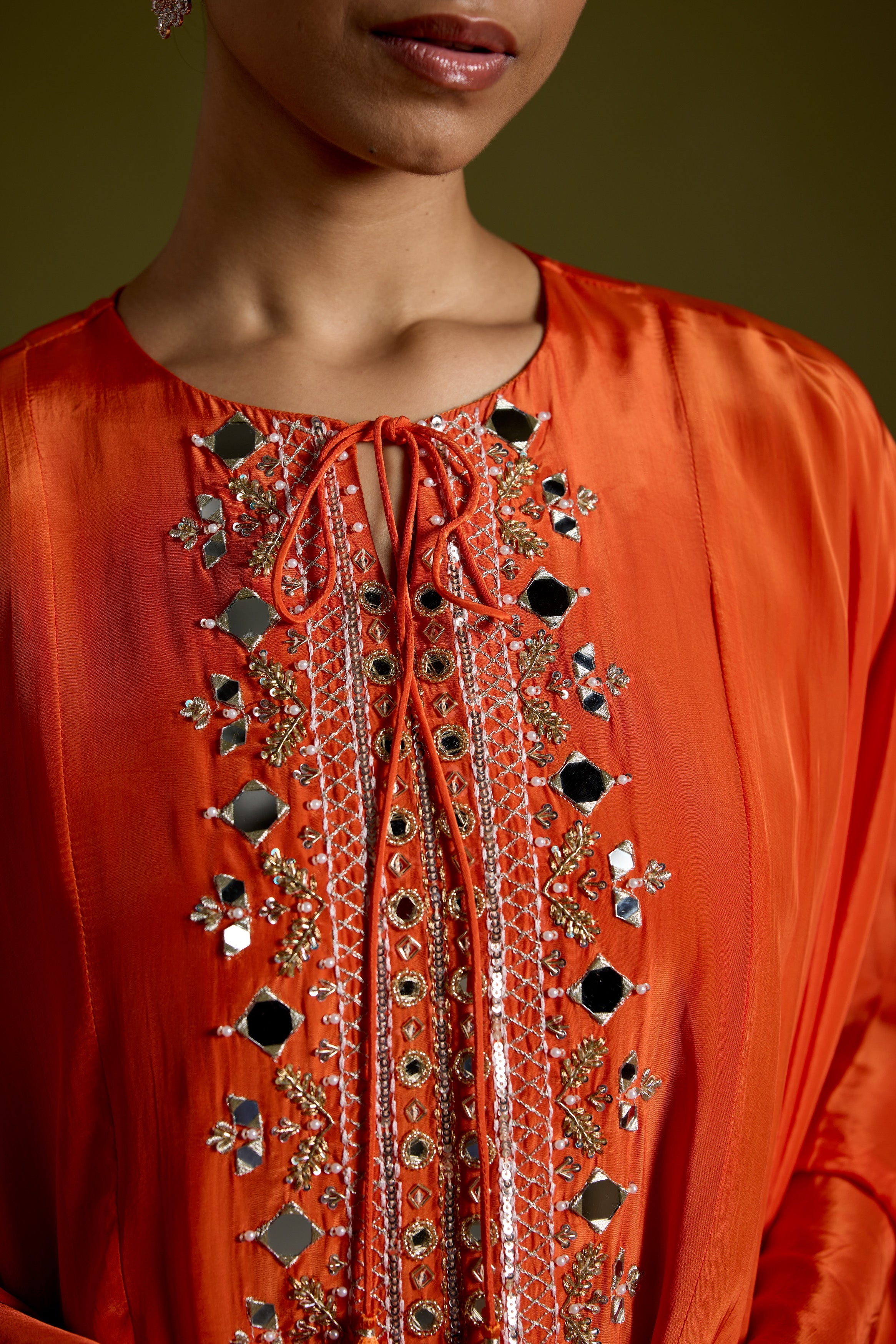 Tangerine Orange Embellished Satin Silk Dhoti Set