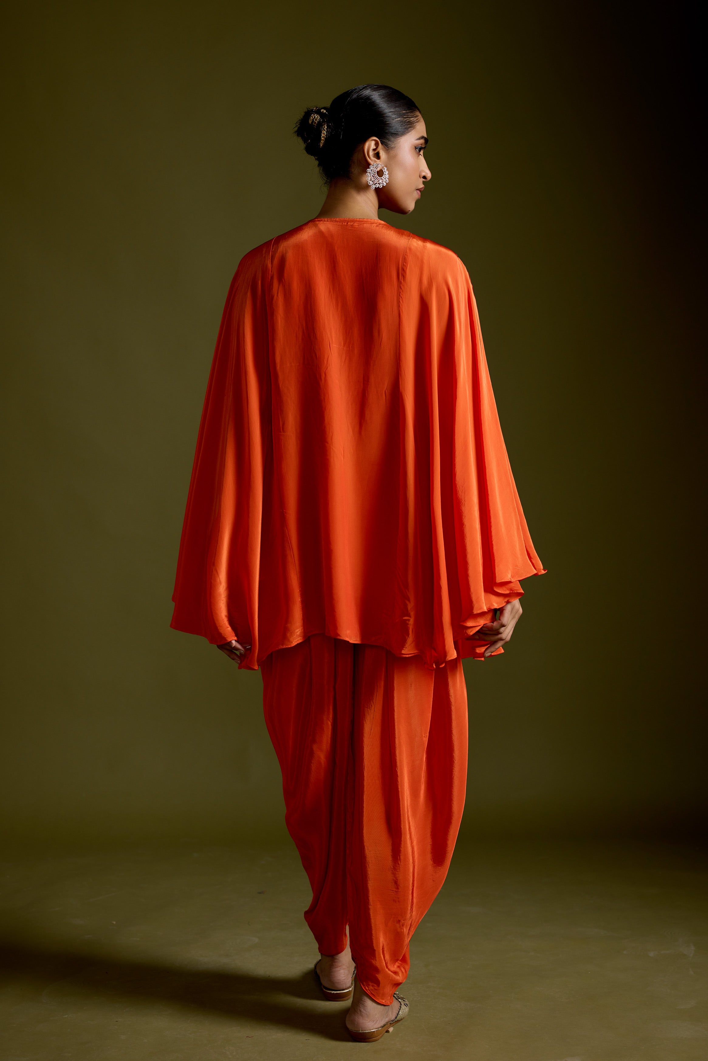 Tangerine Orange Embellished Satin Silk Dhoti Set