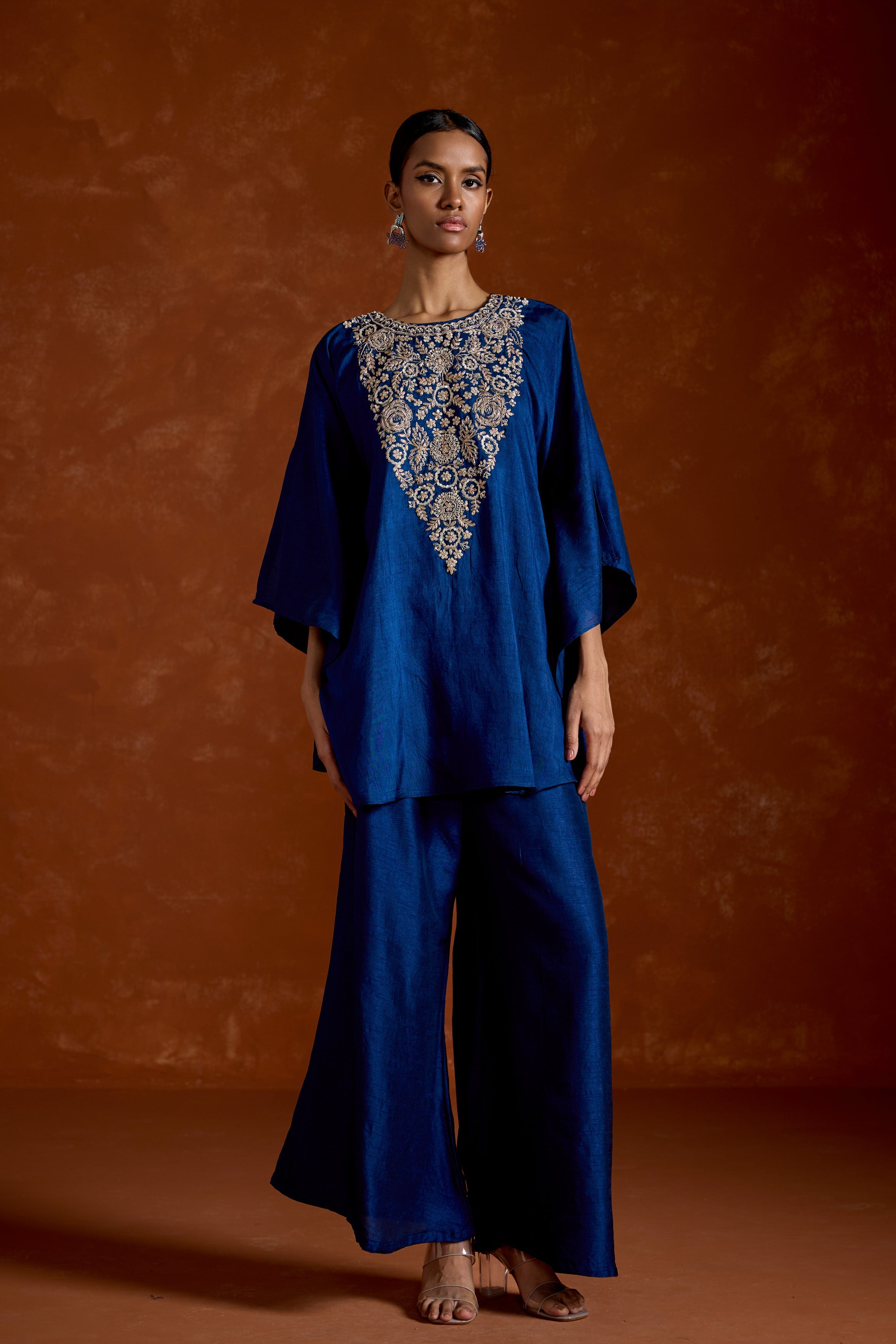 Deep Blue Embellished Raw Silk Kaftan Set