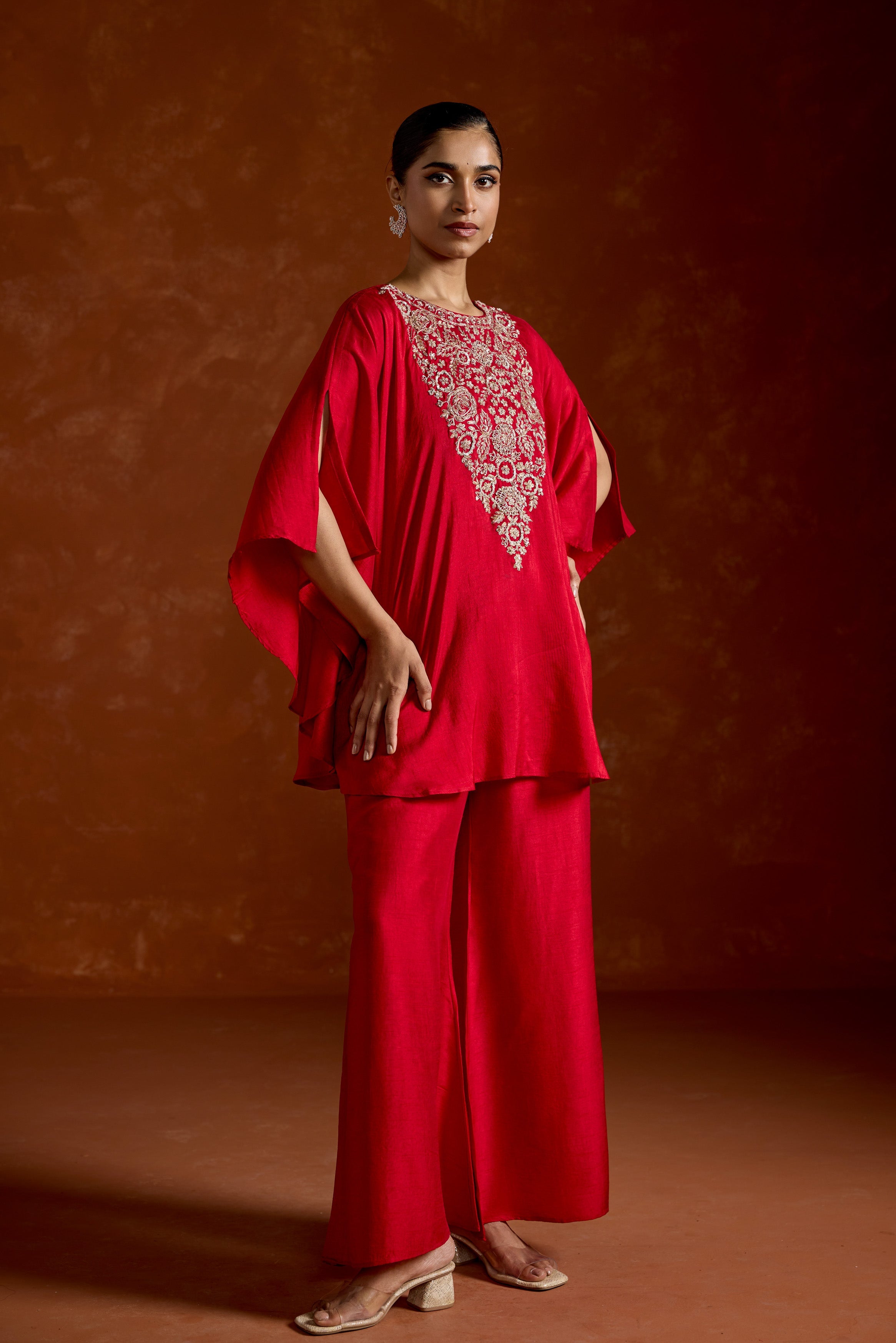 Red Embellished Raw Silk Kaftan Set