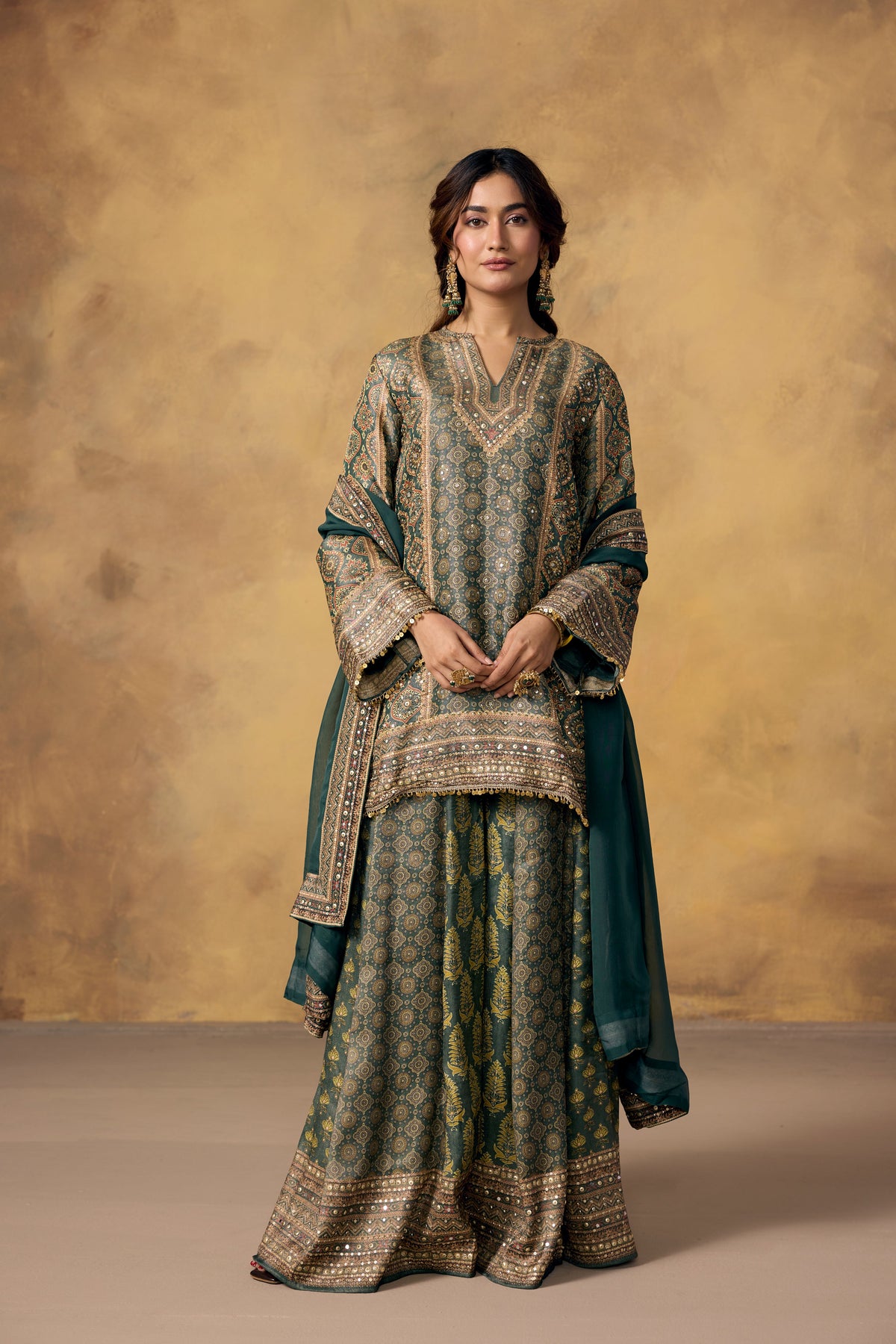 Bottle Green Embellished Banarasi Brocade Palazzo Set