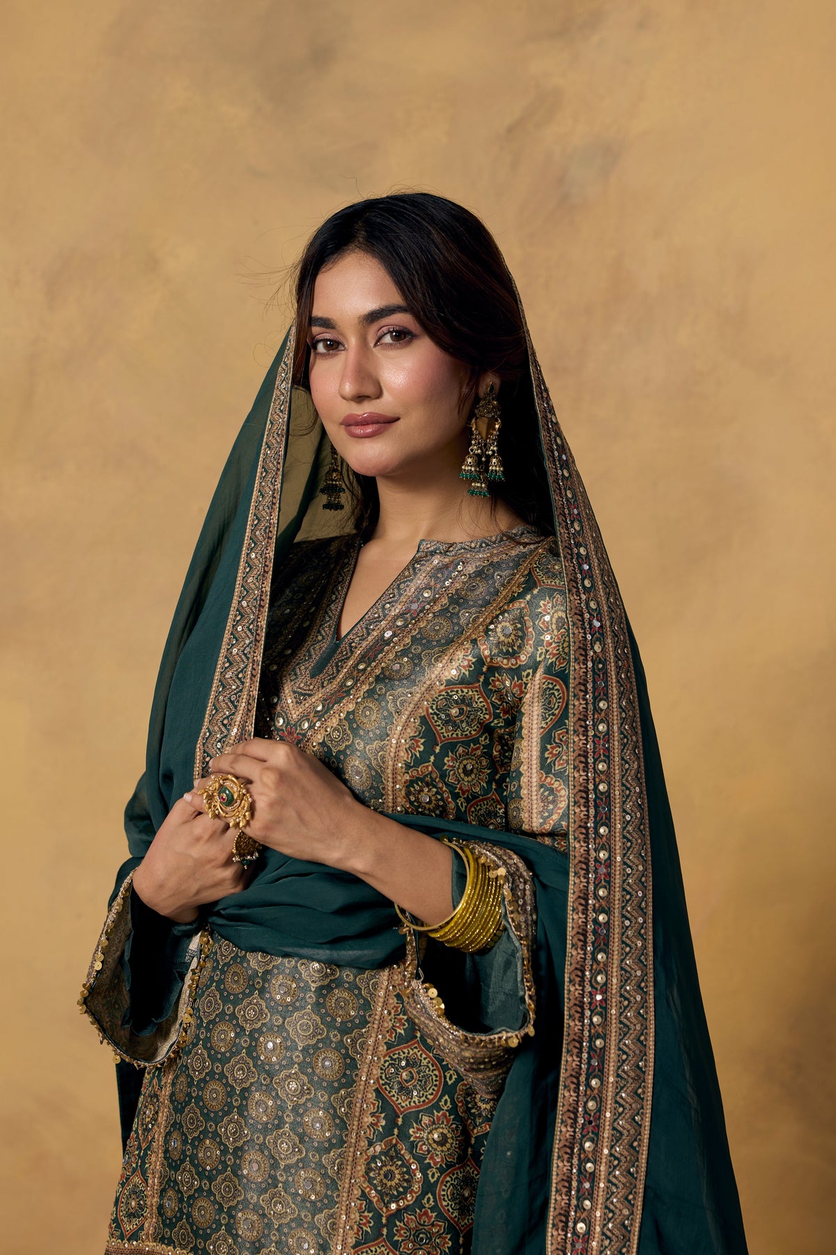 Bottle Green Embellished Banarasi Brocade Palazzo Set