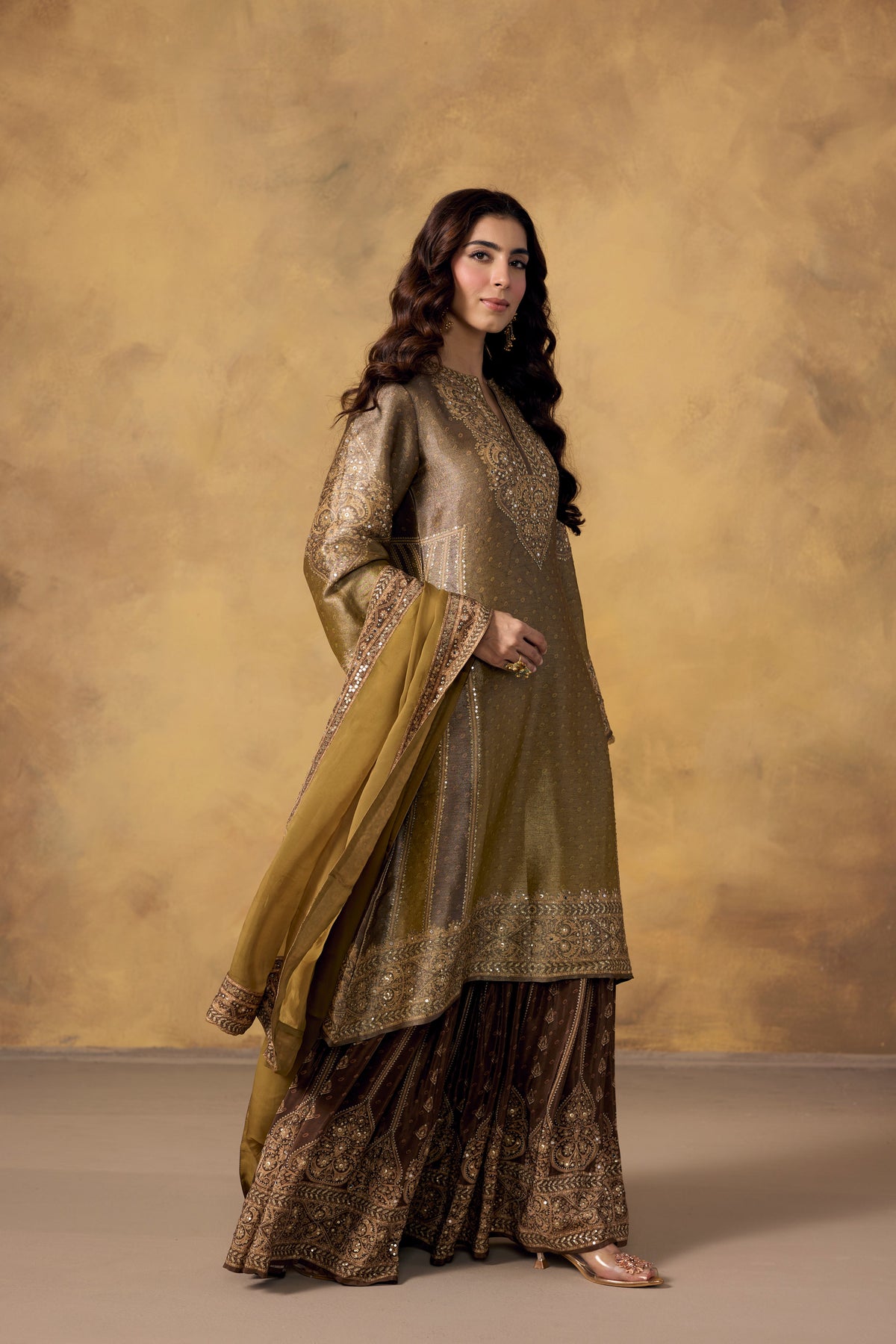 Olive Brown Embellished Shimmer Silk Sharara Set