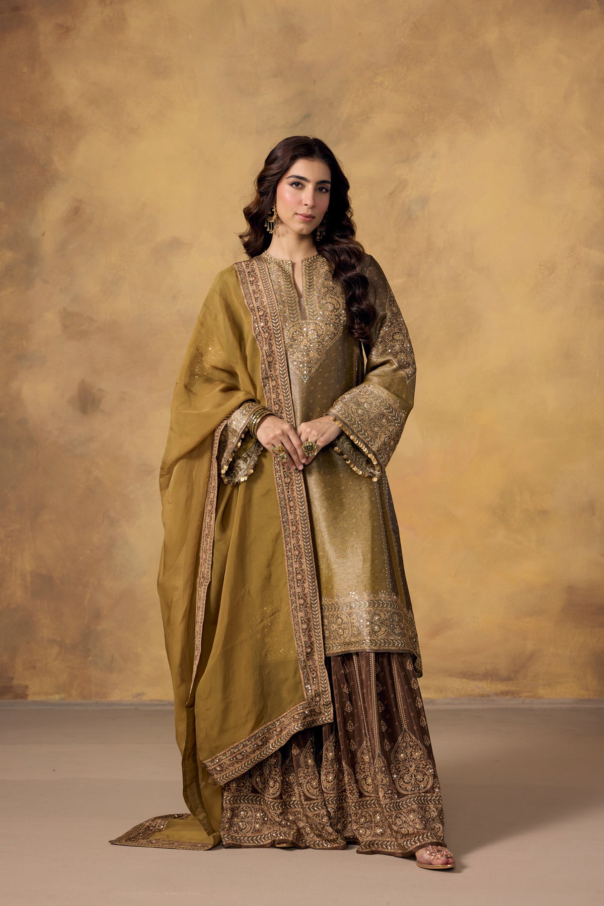 Olive Brown Embellished Shimmer Silk Sharara Set