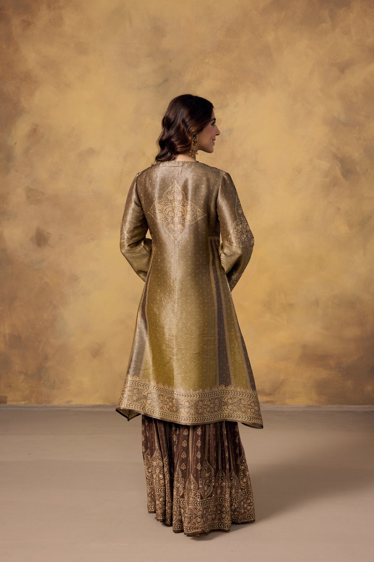 Olive Brown Embellished Shimmer Silk Sharara Set