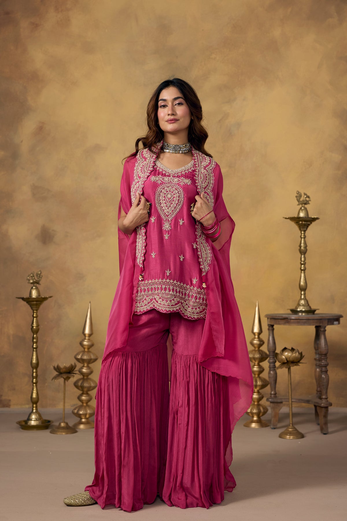 Pink Rose Embellished Organza Silk Sharara Set