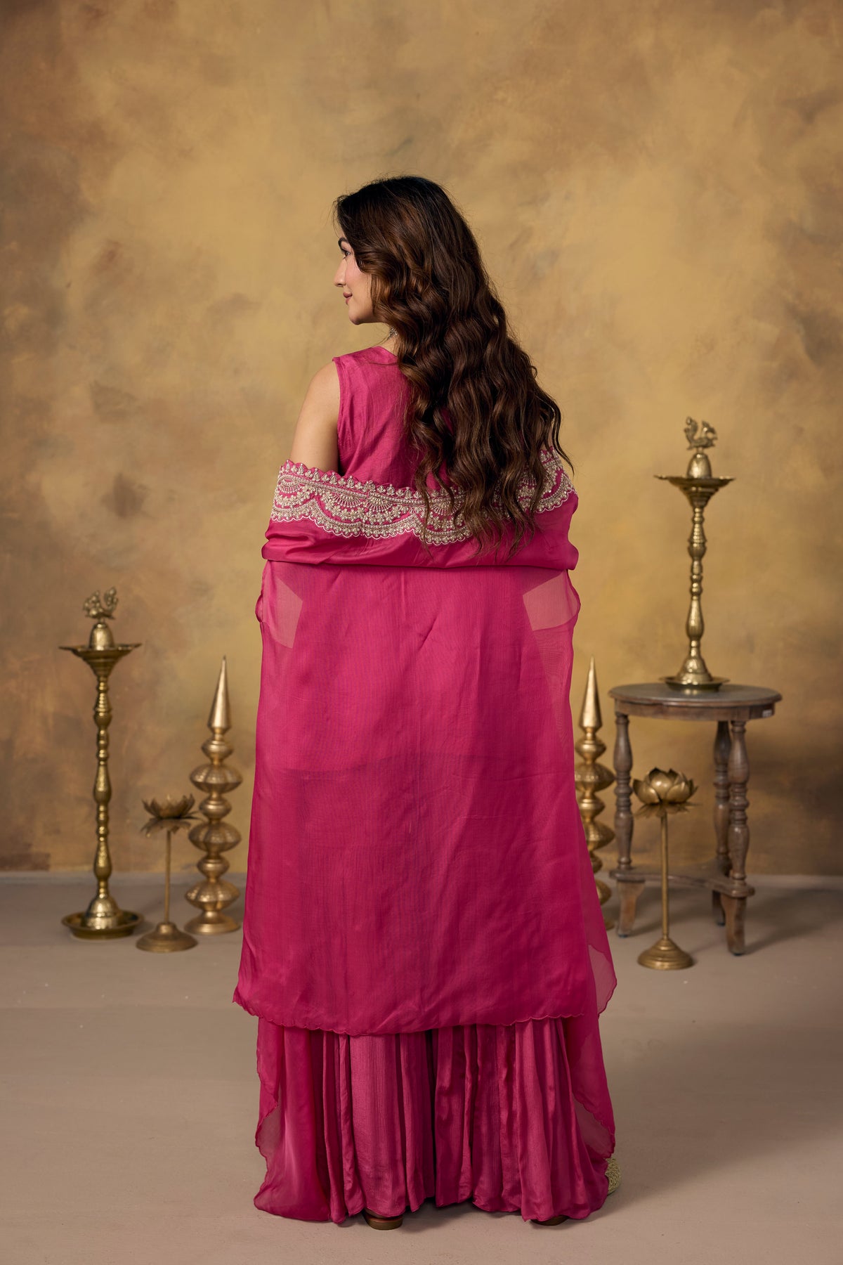 Pink Rose Embellished Organza Silk Sharara Set