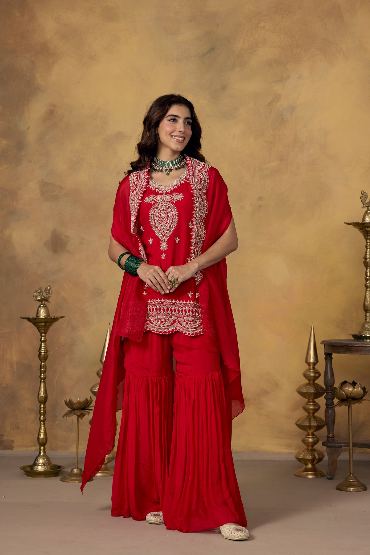 Vermilion Red Embellished Organza Silk Sharara Set