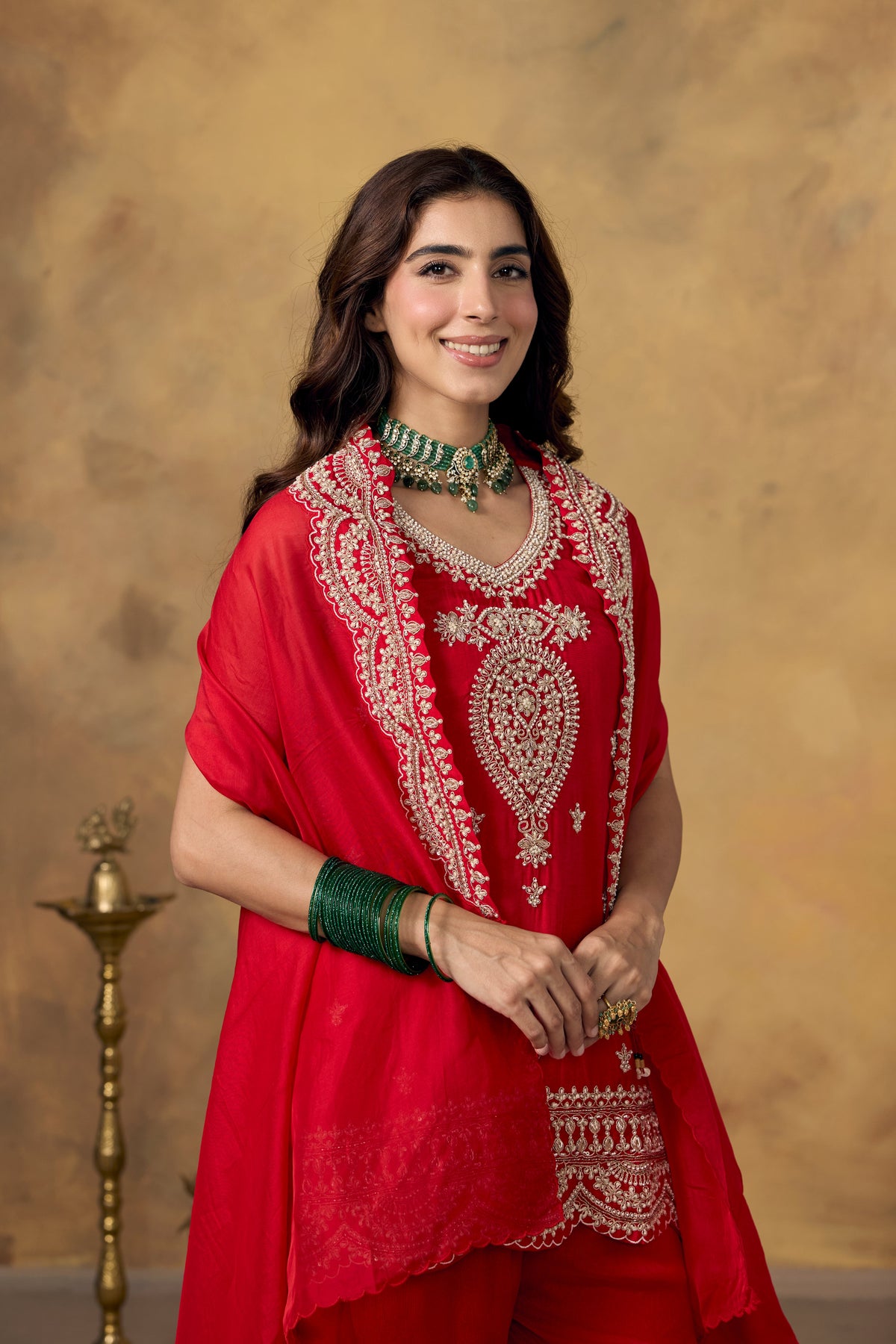 Vermilion Red Embellished Organza Silk Sharara Set