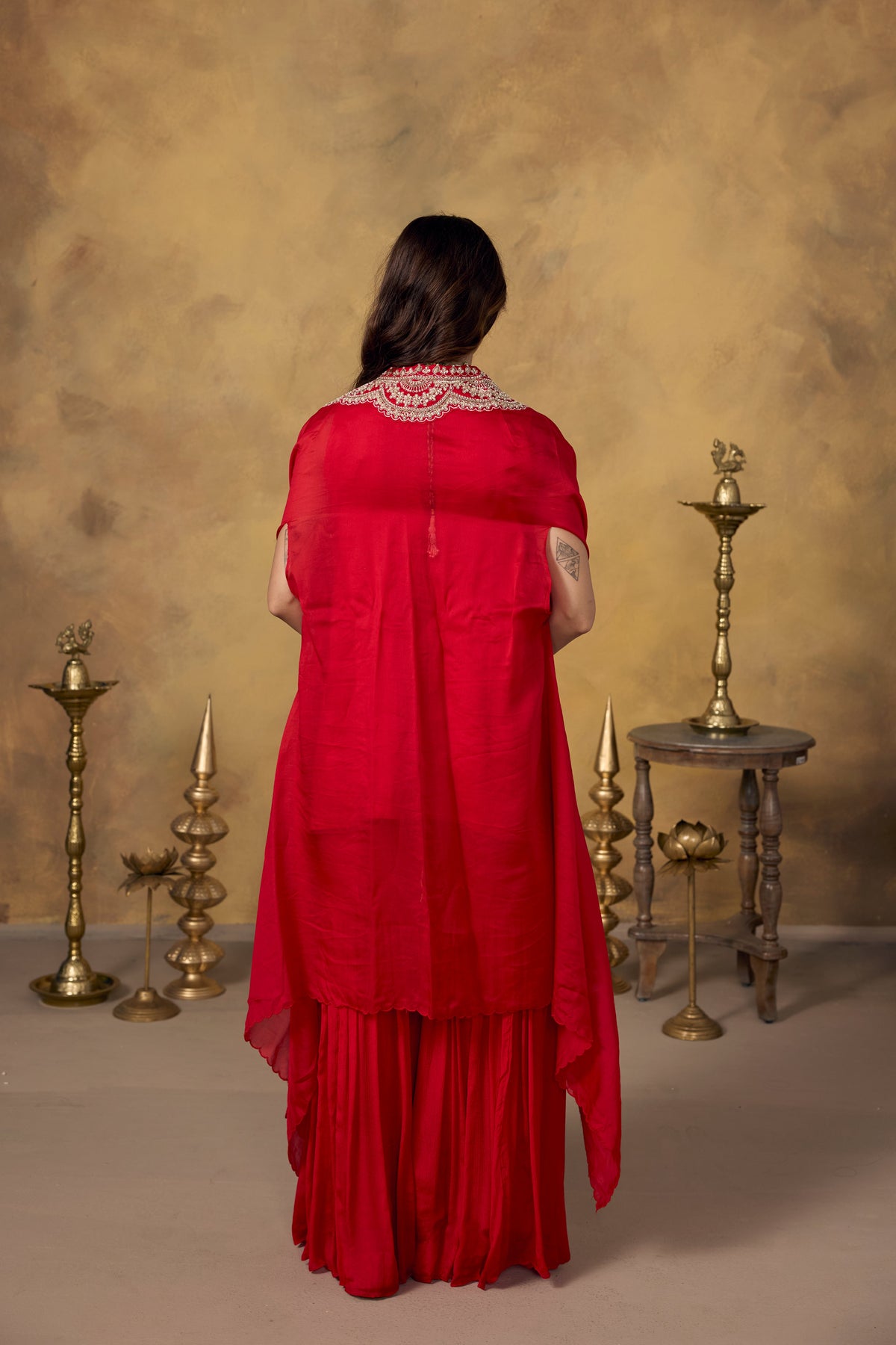 Vermilion Red Embellished Organza Silk Sharara Set