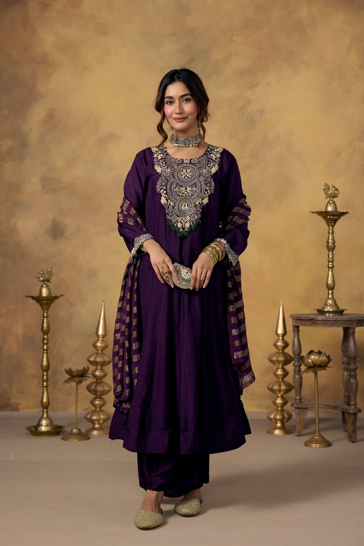 Midnight Purple Embellished Raw Silk Pant Set