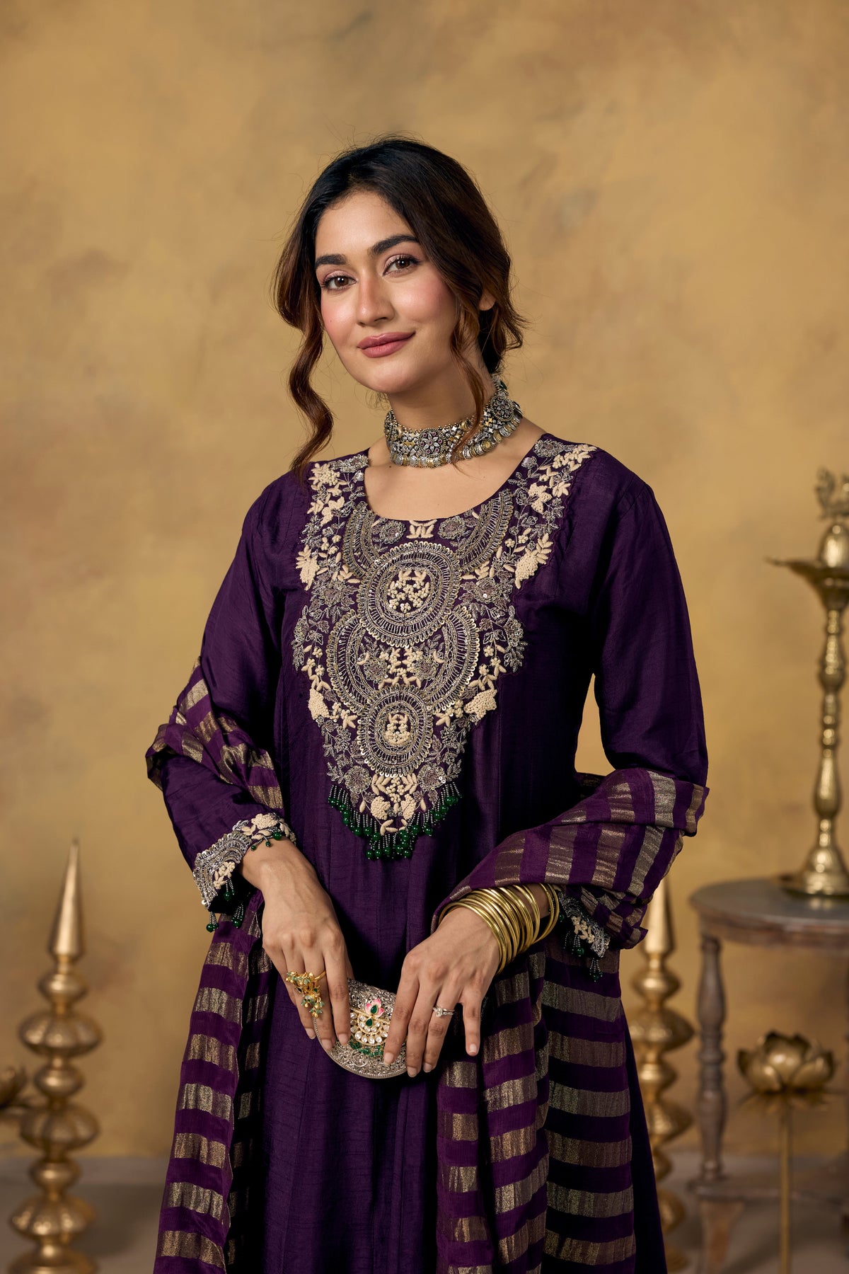Midnight Purple Embellished Raw Silk Pant Set
