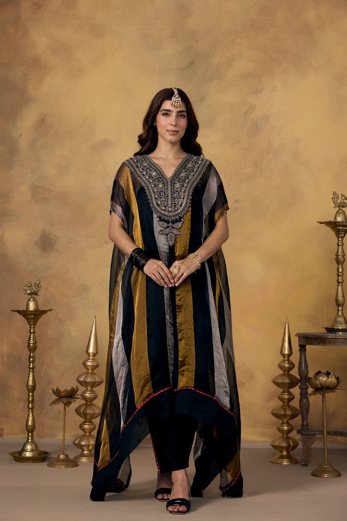 Onyx Metallic Gold Embellished Organza Silk Kaftan Set