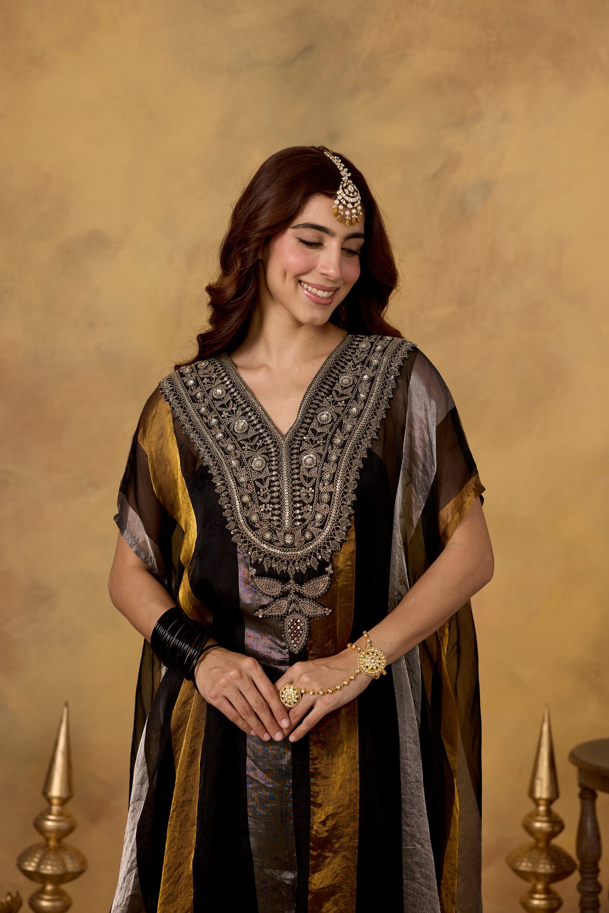 Onyx Metallic Gold Embellished Organza Silk Kaftan Set