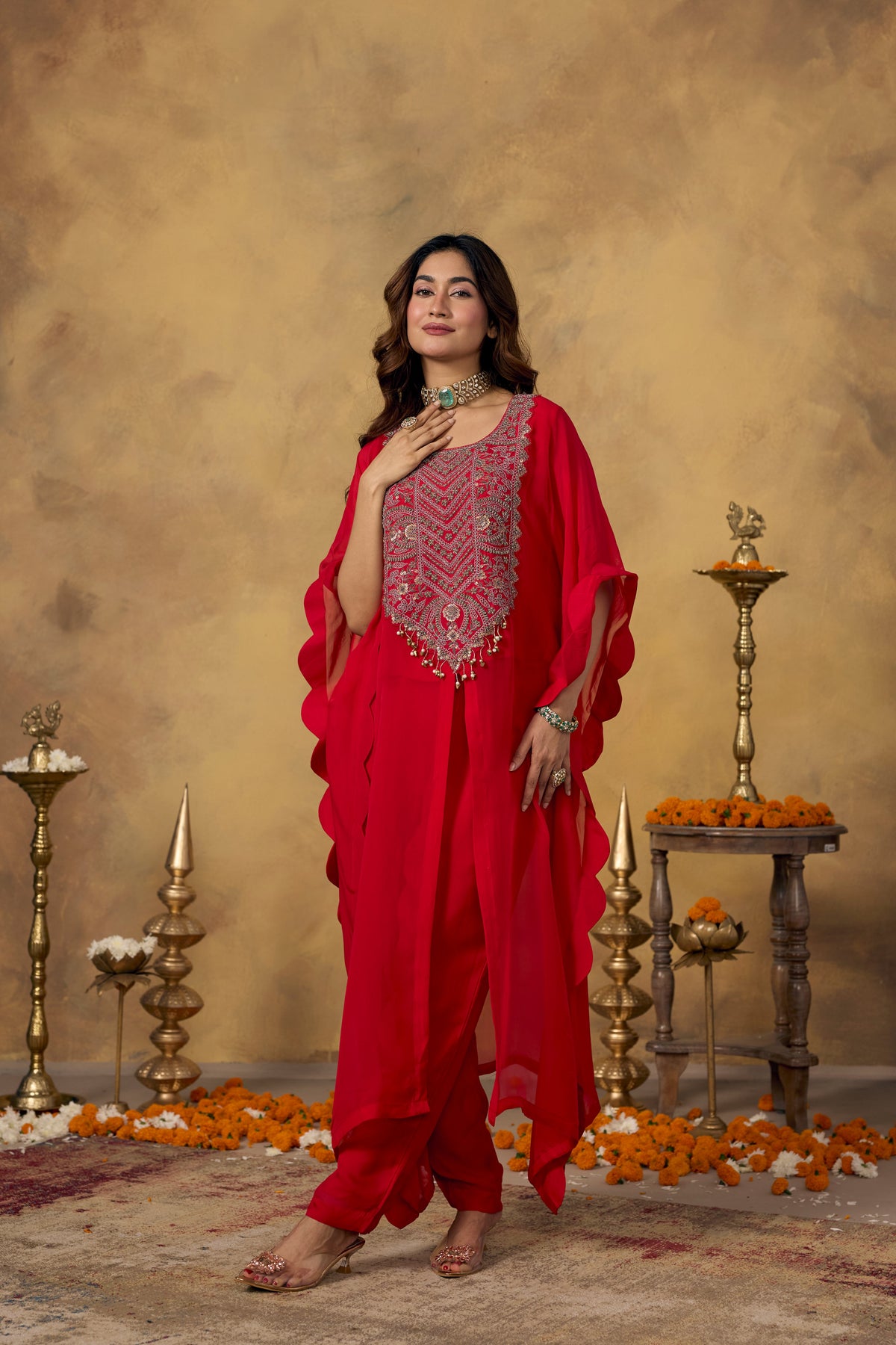 Crimson Red Embellished Organza Silk Kaftan Set