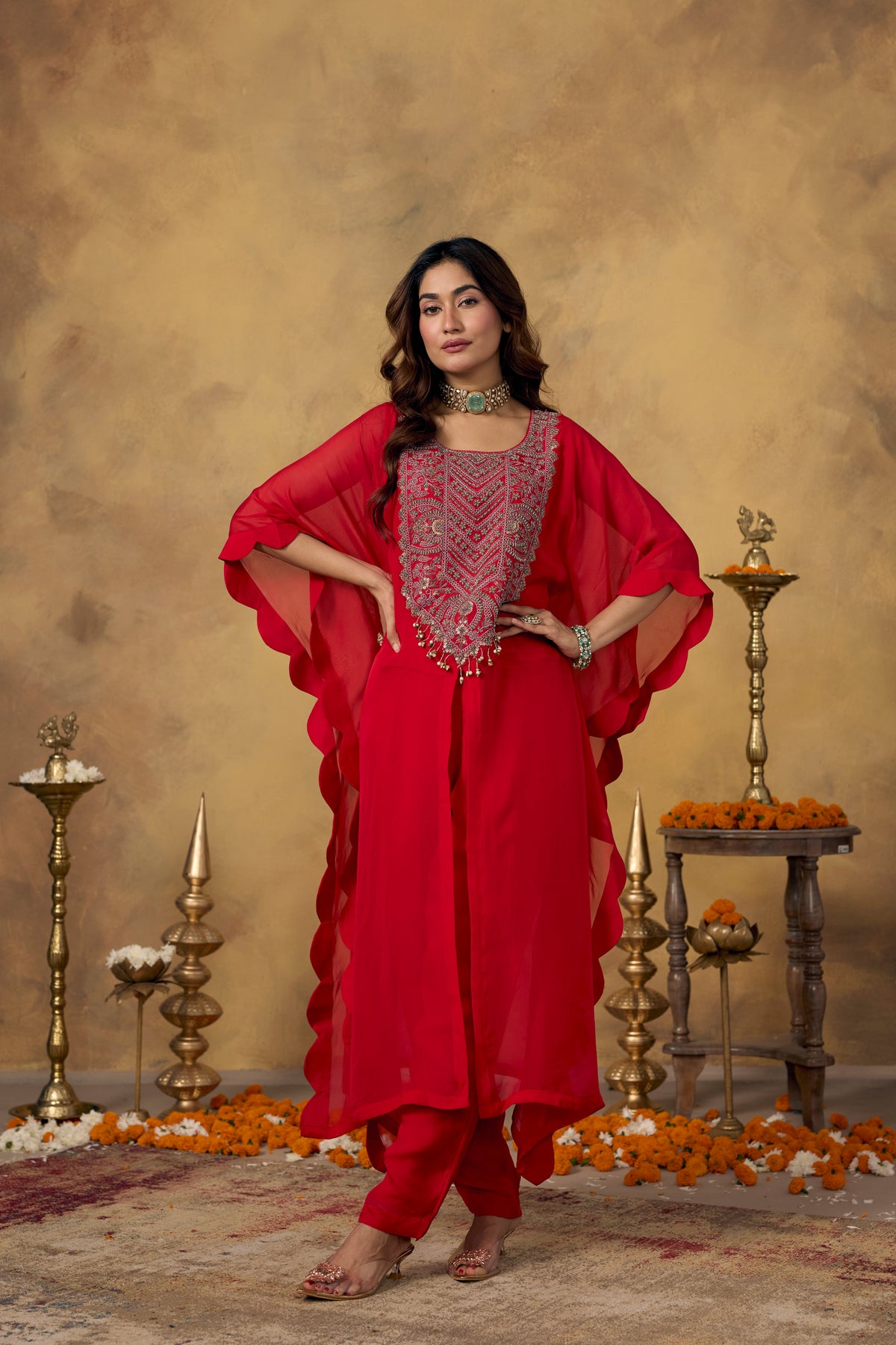 Crimson Red Embellished Organza Silk Kaftan Set