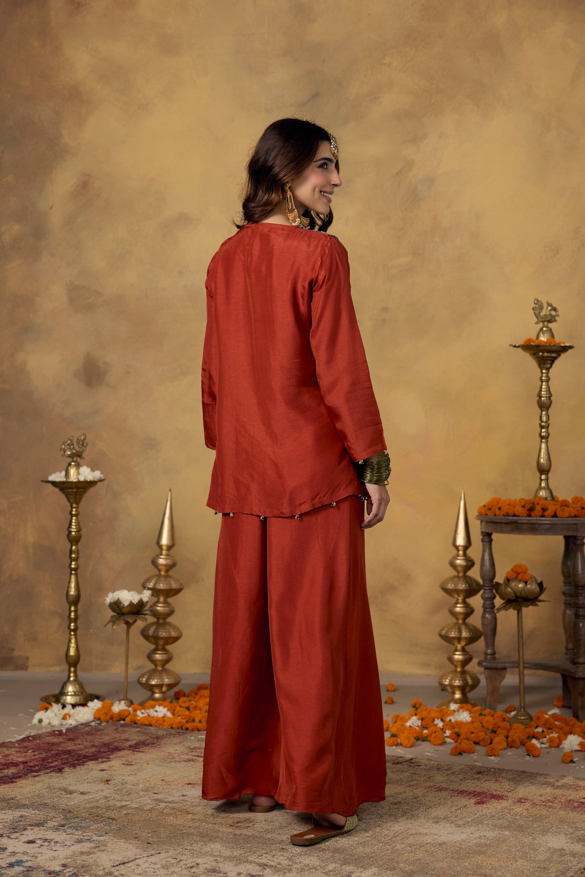 Orange Terracota Embellished Raw Silk Palazzo Set