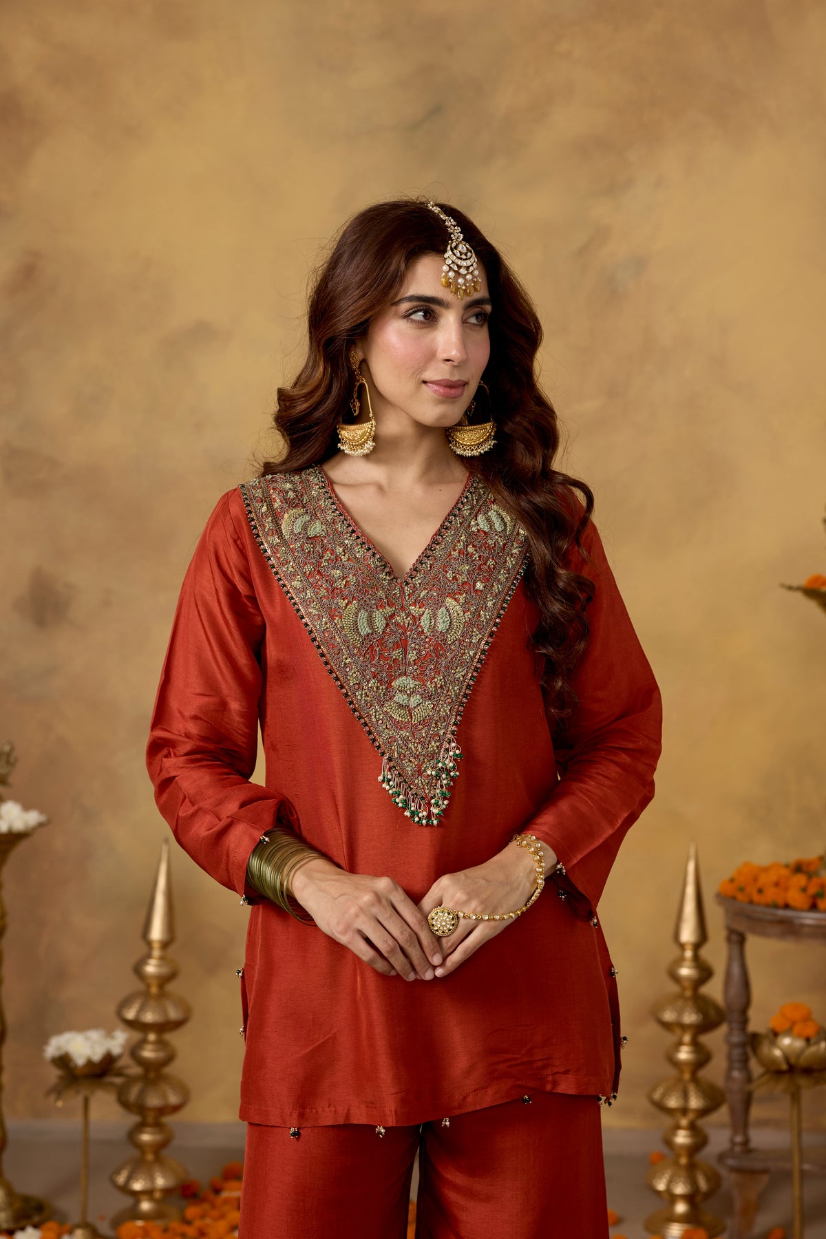 Orange Terracota Embellished Raw Silk Palazzo Set
