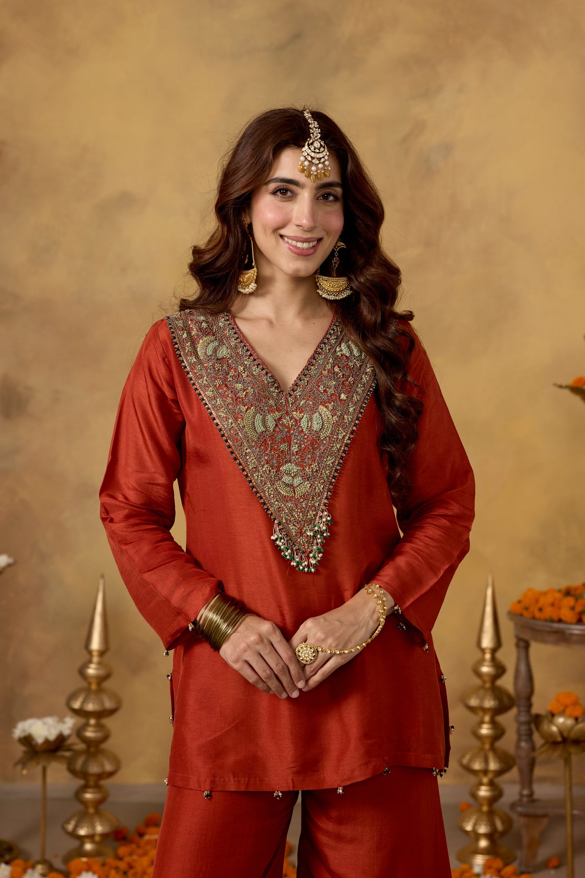 Orange Terracota Embellished Raw Silk Palazzo Set