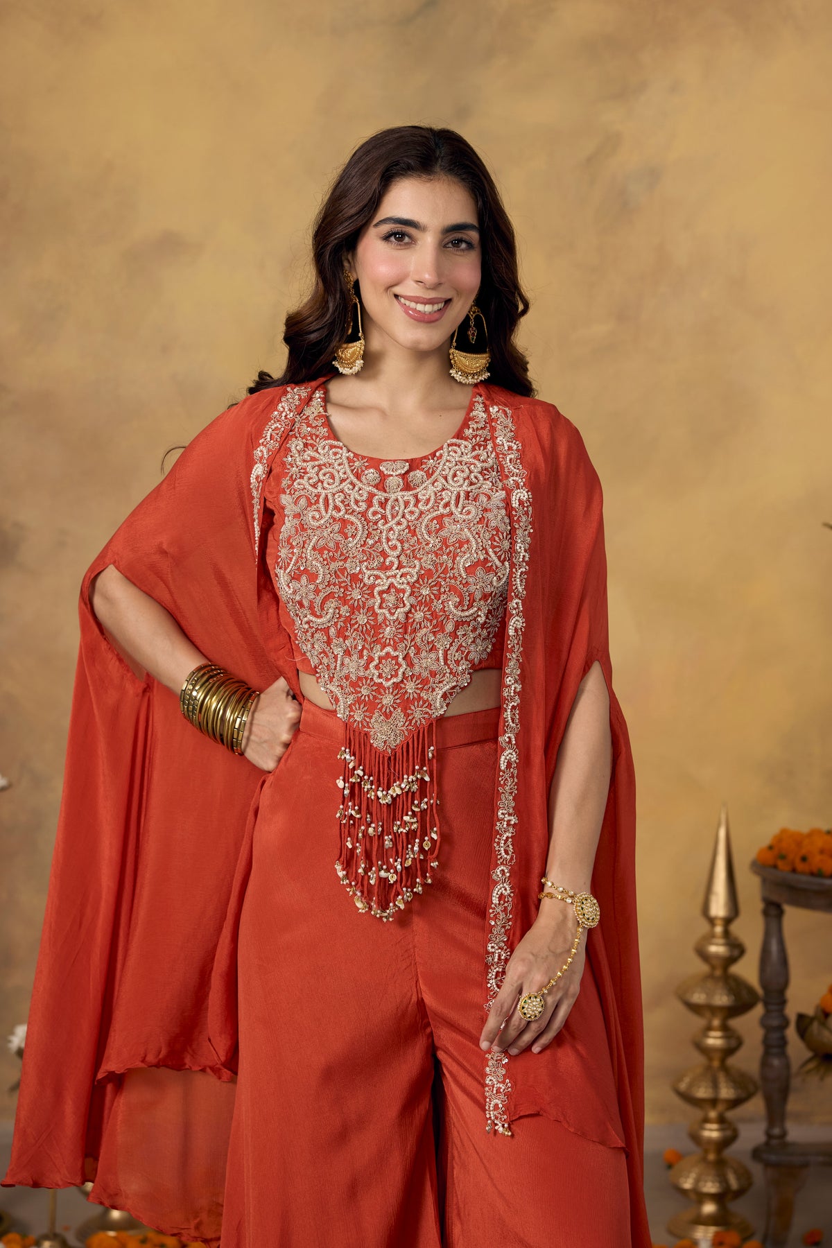 Rust Orange Embellished Chinon Silk Palazzo Set